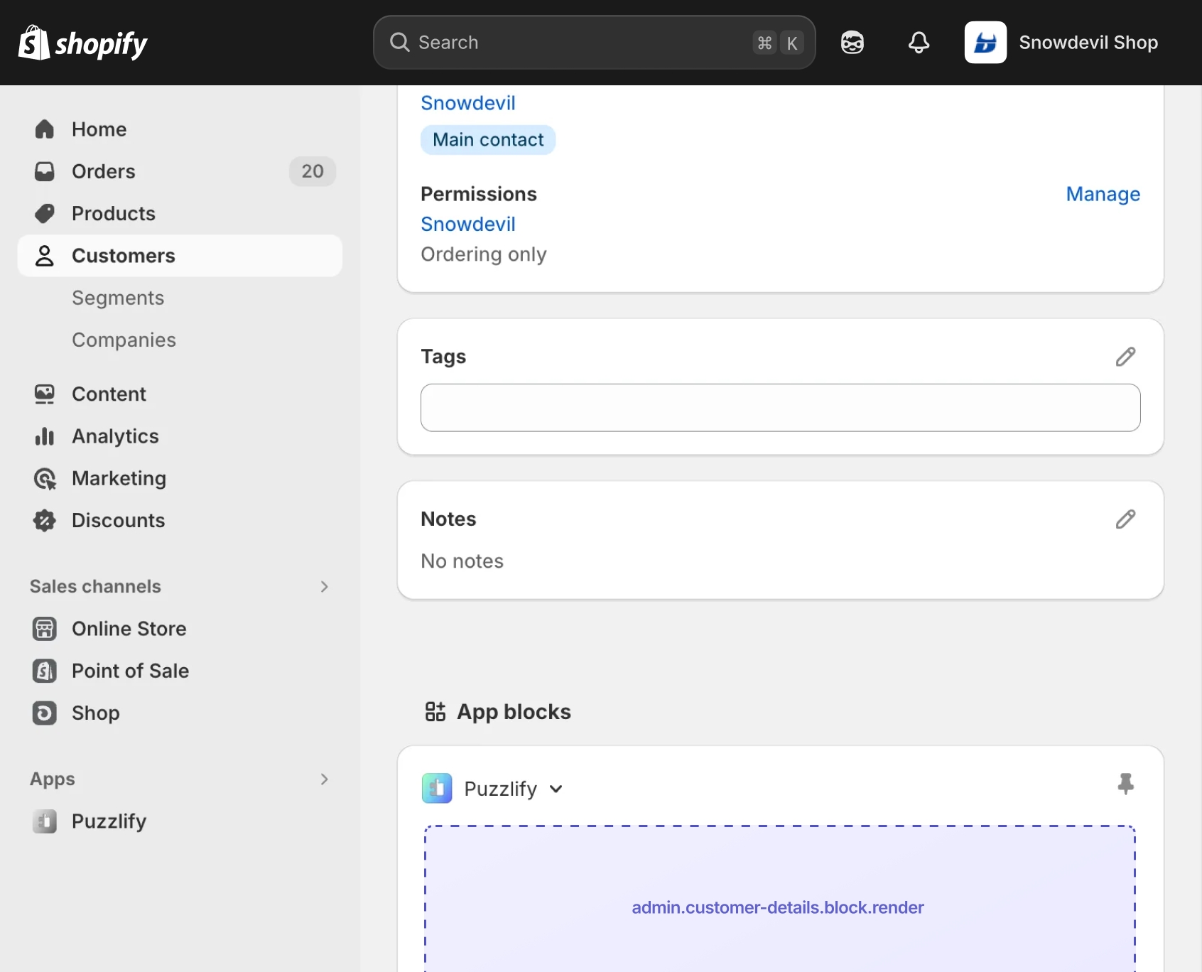 Shopify admin customer details page with the extension target slot displayed as an inline app block.