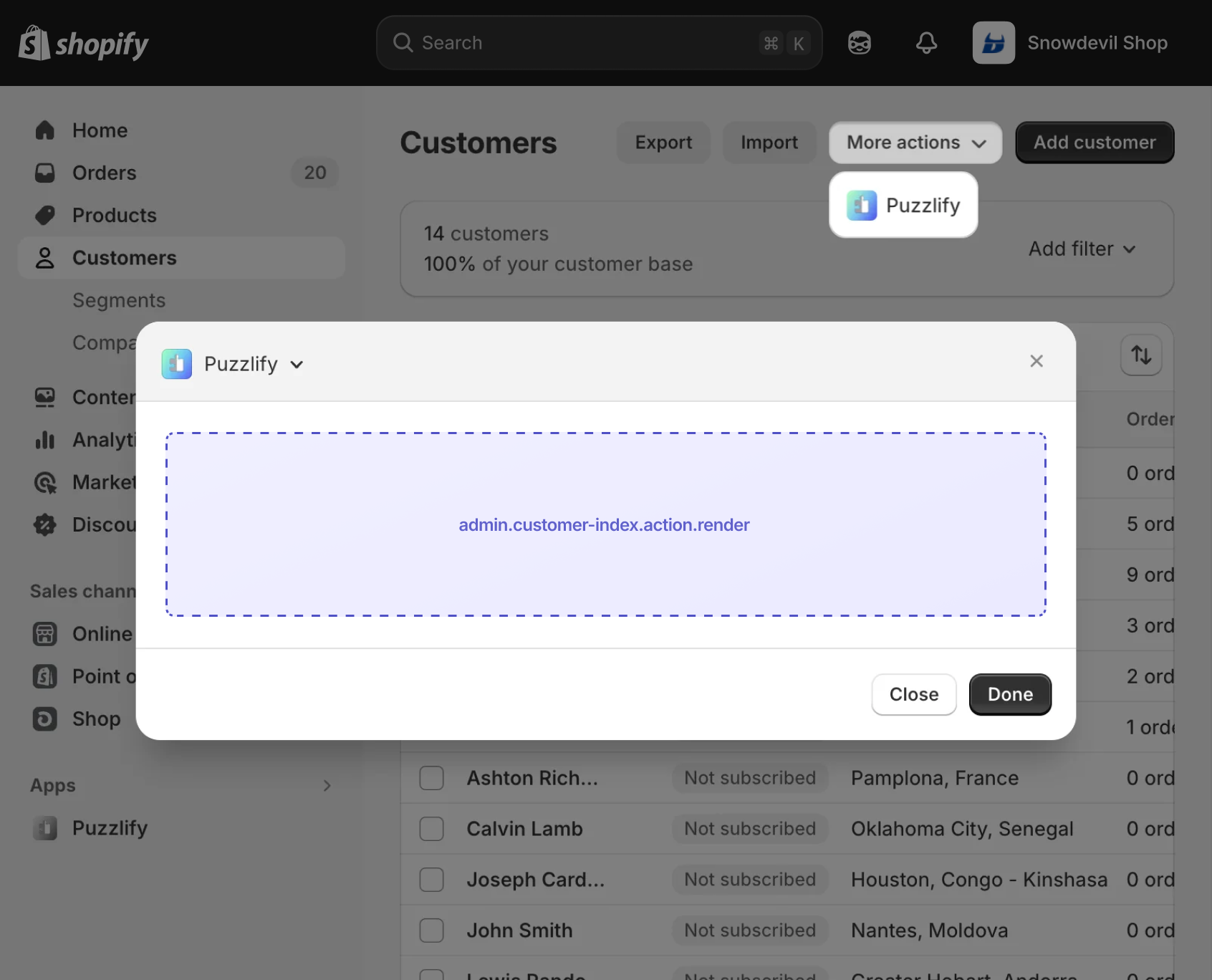 Shopify admin customer index page with a modal dialog open, showing the extension target slot inside the modal.