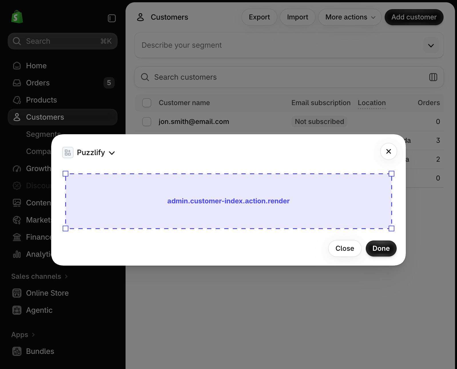 Shopify admin customer index page with a modal dialog open, showing the extension target slot inside the modal.