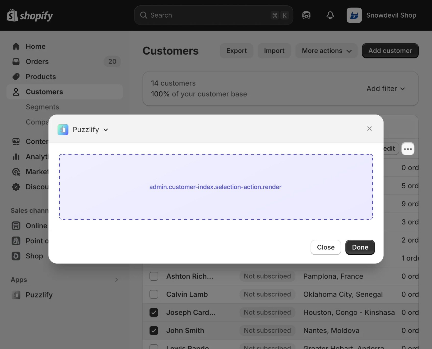 Shopify admin customer index page with items selected, showing the extension target slot in the bulk actions bar.