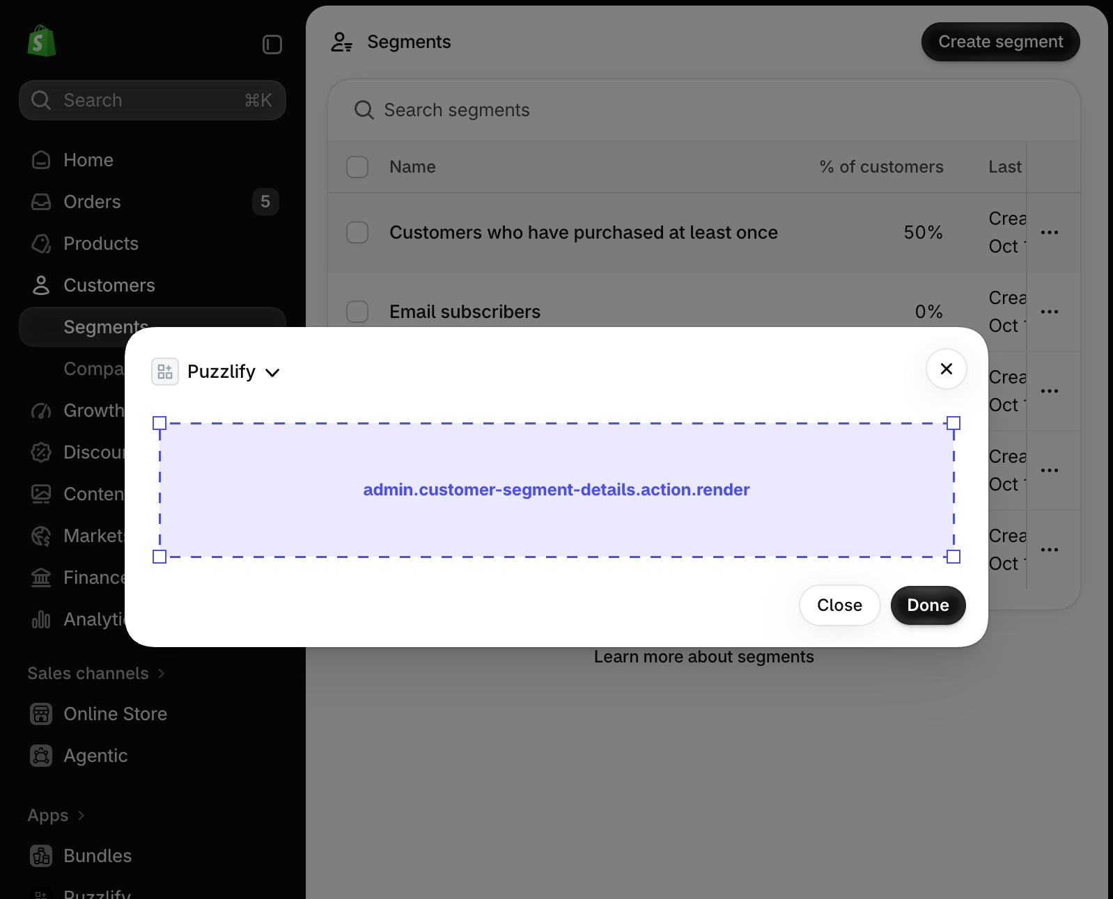 Shopify admin customer segment details page with a modal dialog open, showing the extension target slot inside the modal.