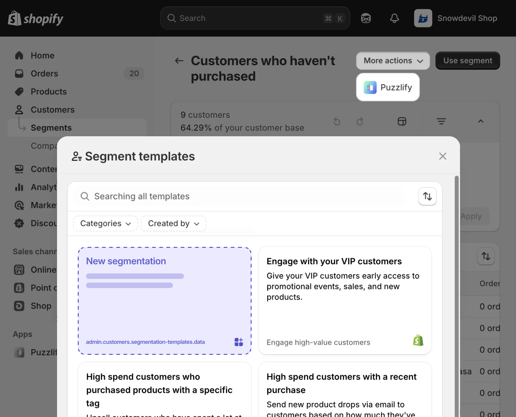 Shopify admin customer segmentation page showing the templates entry point for the extension target.