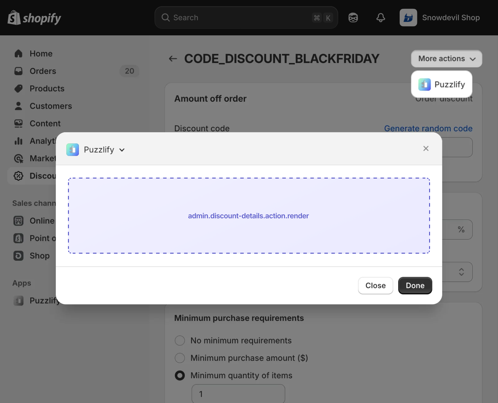 Shopify admin discount details page with a modal dialog open, showing the extension target slot inside the modal.