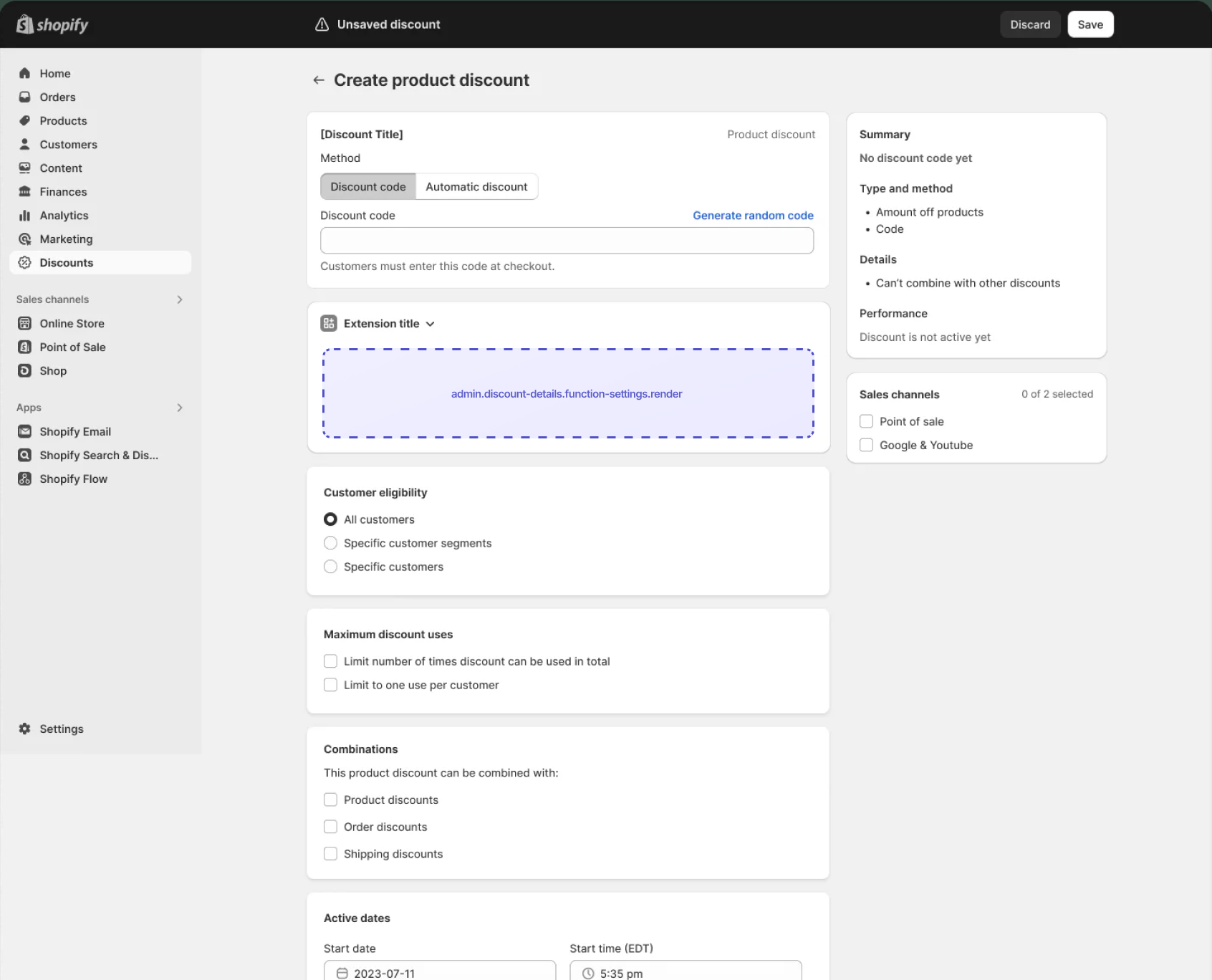 Shopify admin discount details page showing the function settings section where the extension target renders.