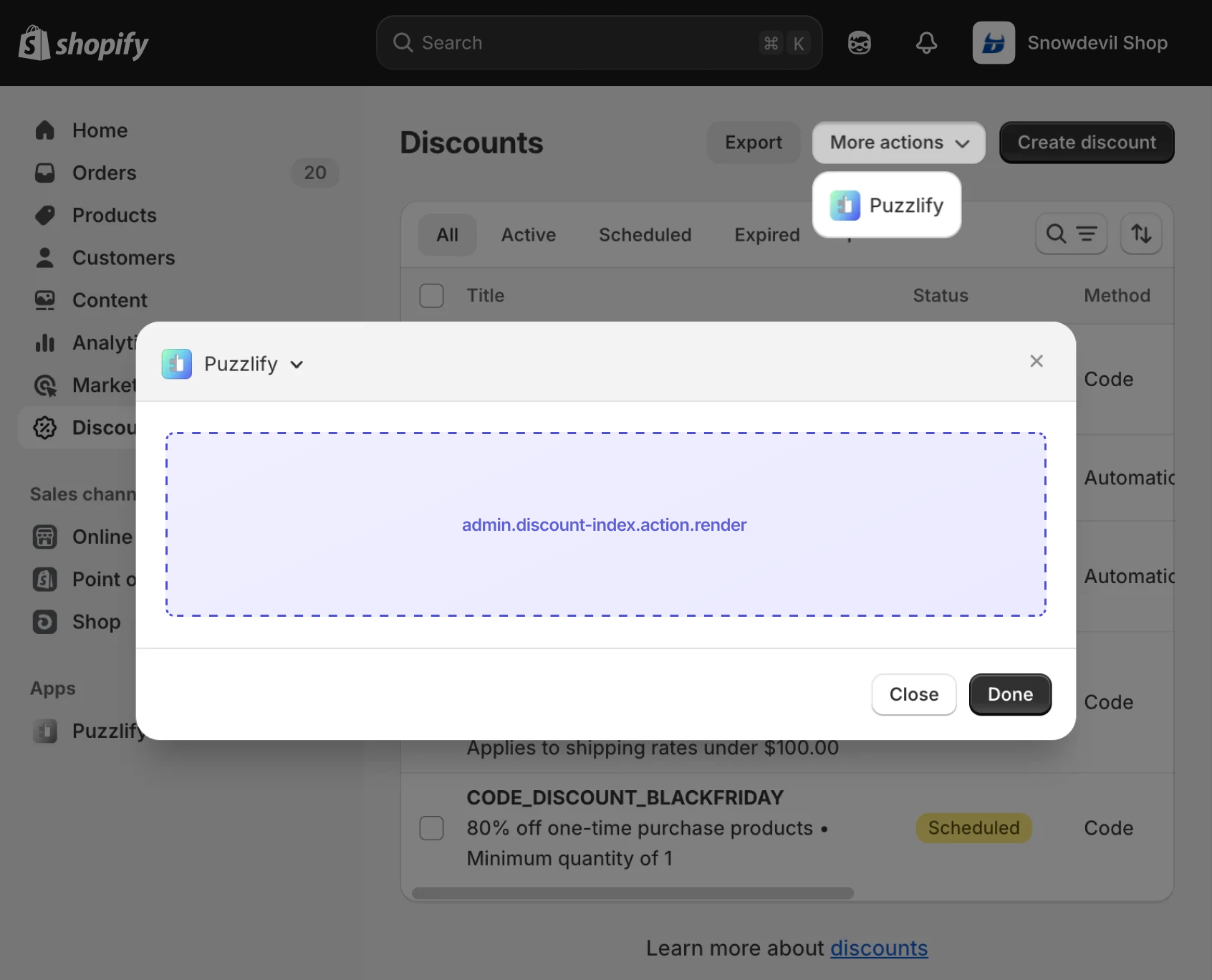 Shopify admin discount index page with a modal dialog open, showing the extension target slot inside the modal.