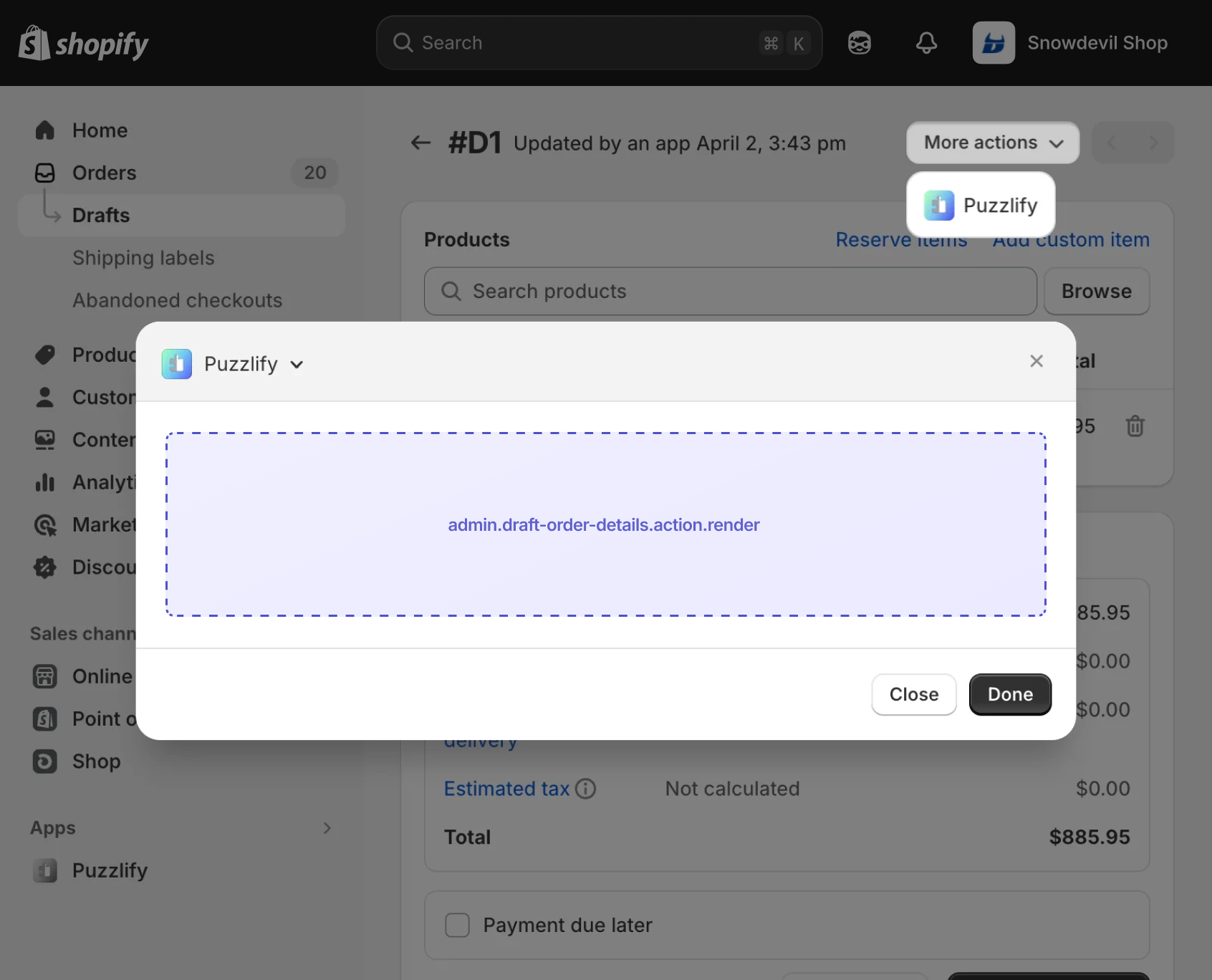 Shopify admin draft order details page with a modal dialog open, showing the extension target slot inside the modal.