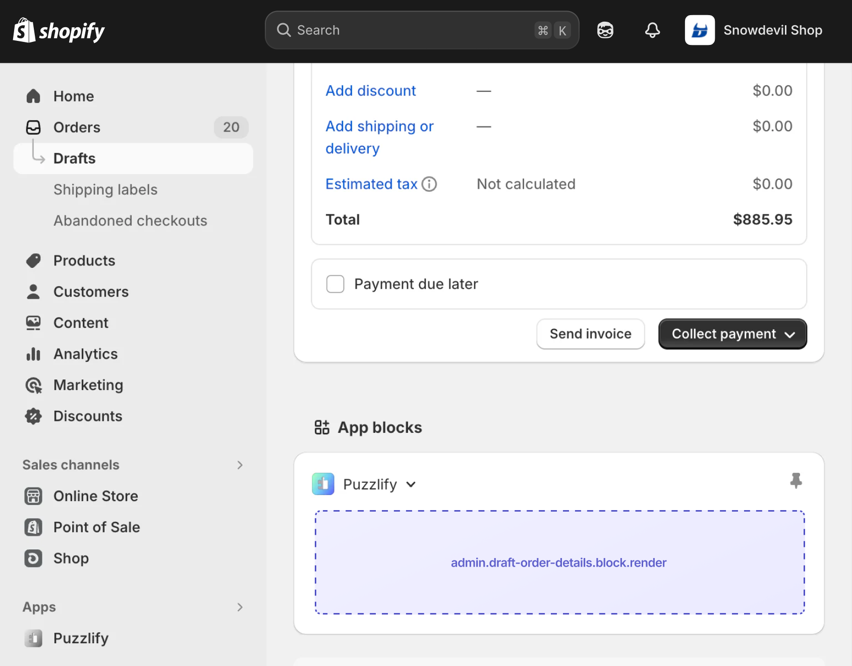Shopify admin draft order details page with the extension target slot displayed as an inline app block.