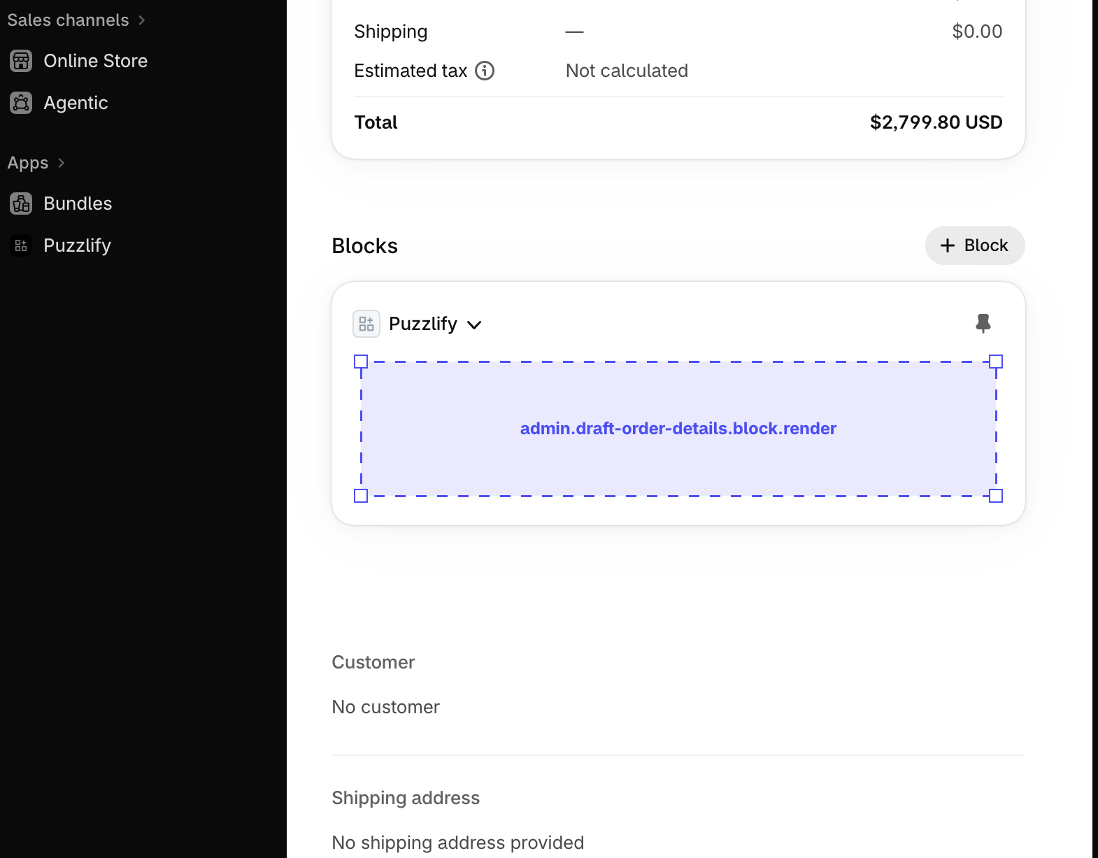 Shopify admin draft order details page with the extension target slot displayed as an inline app block.