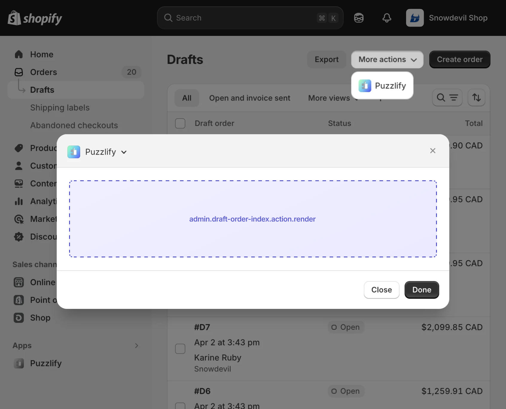 Shopify admin draft order index page with a modal dialog open, showing the extension target slot inside the modal.