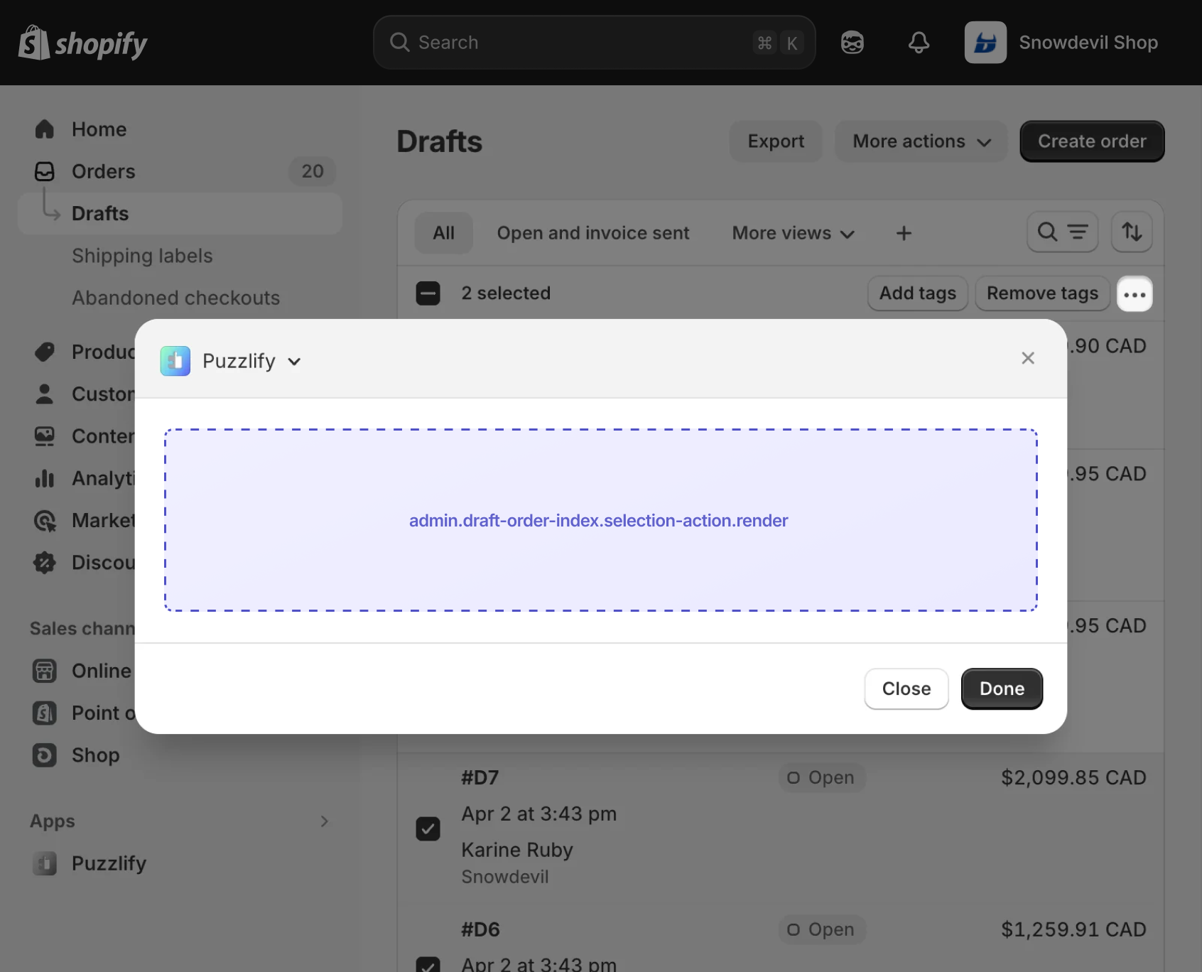 Shopify admin draft order index page with items selected, showing the extension target slot in the bulk actions bar.