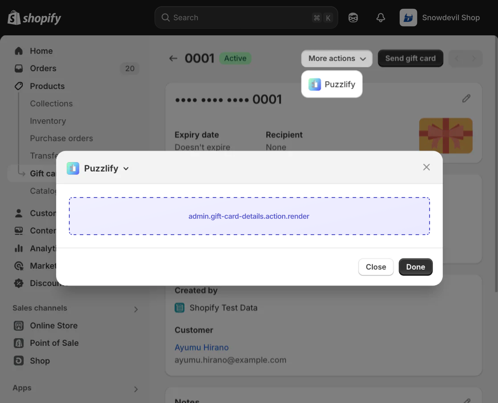 Shopify admin gift card details page with a modal dialog open, showing the extension target slot inside the modal.