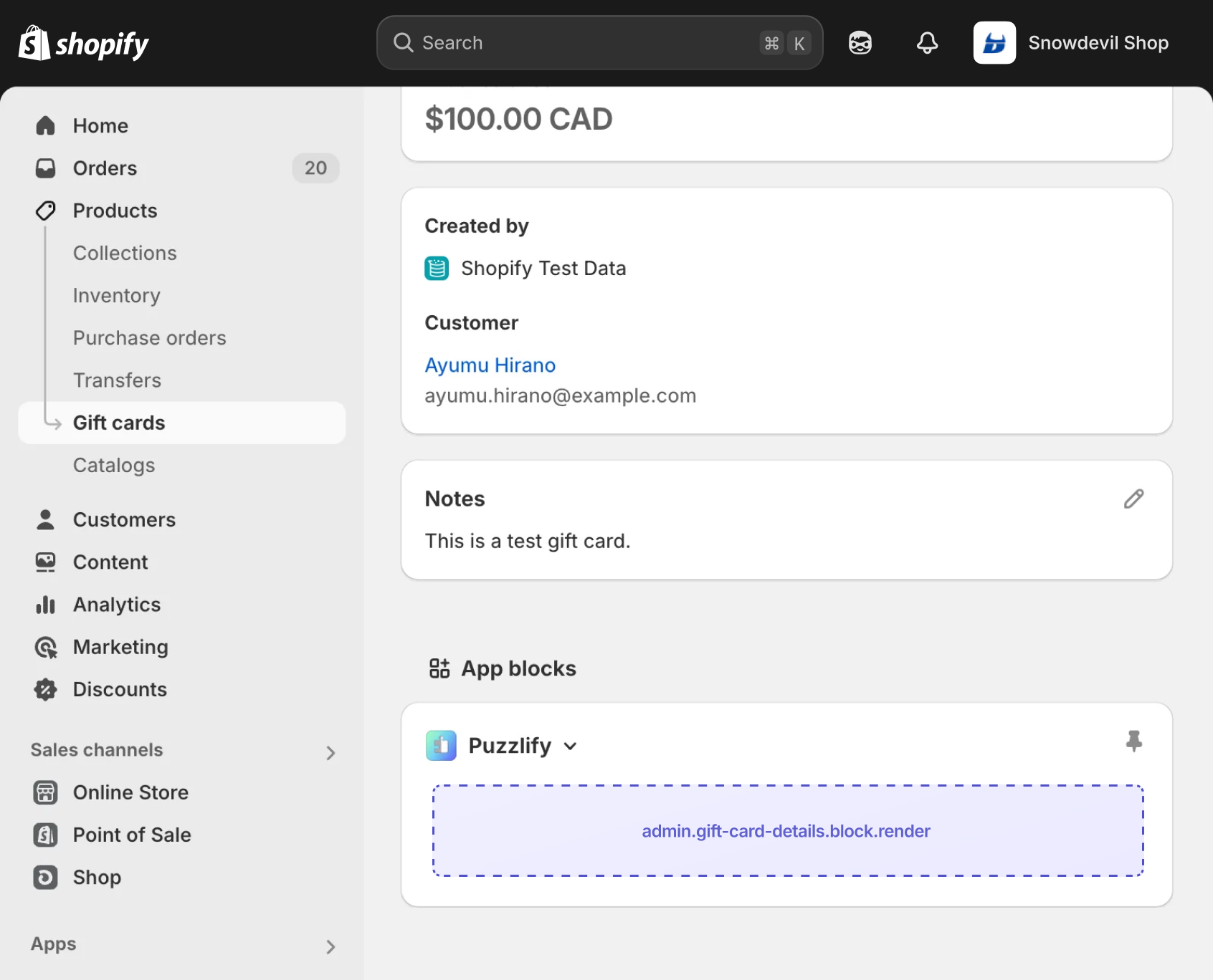 Shopify admin gift card details page with the extension target slot displayed as an inline app block.