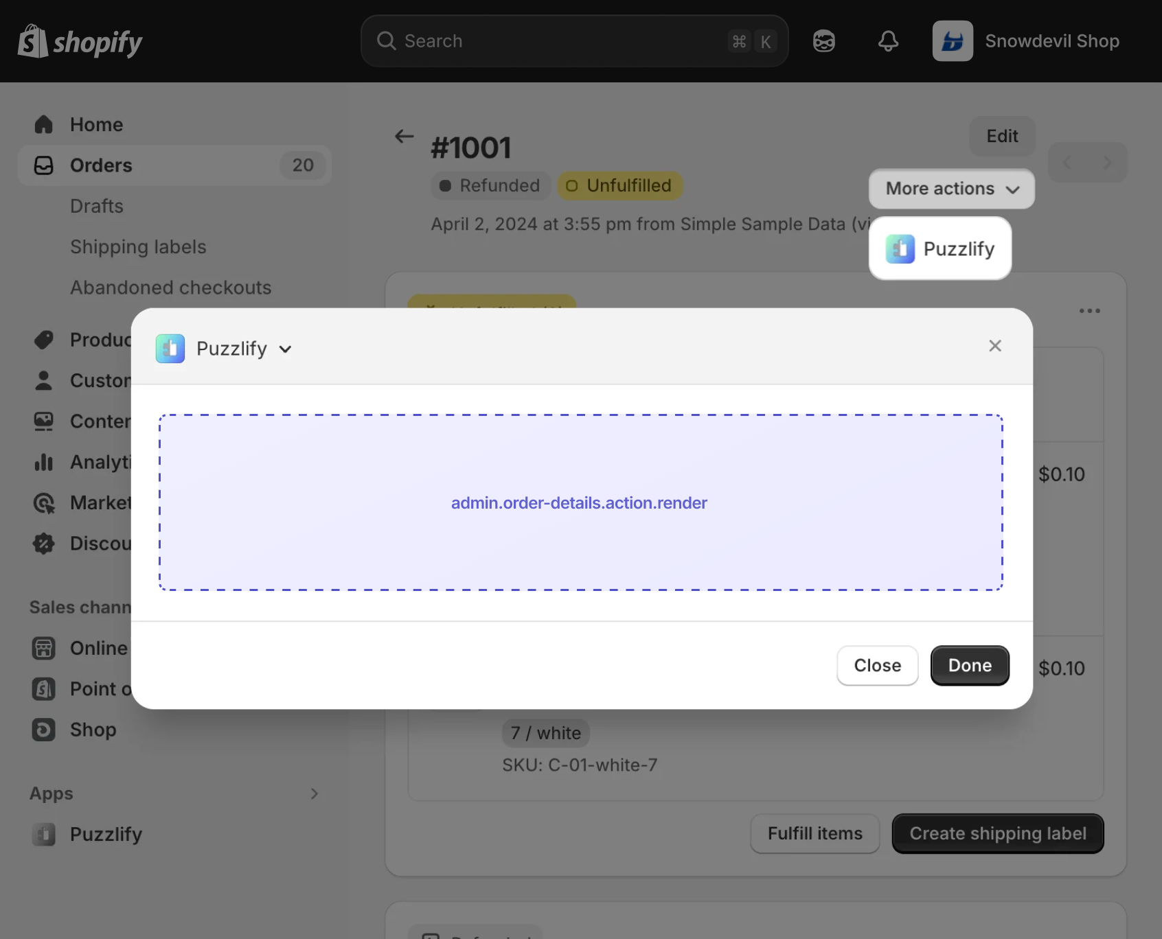 Shopify admin order details page with a modal dialog open, showing the extension target slot inside the modal.