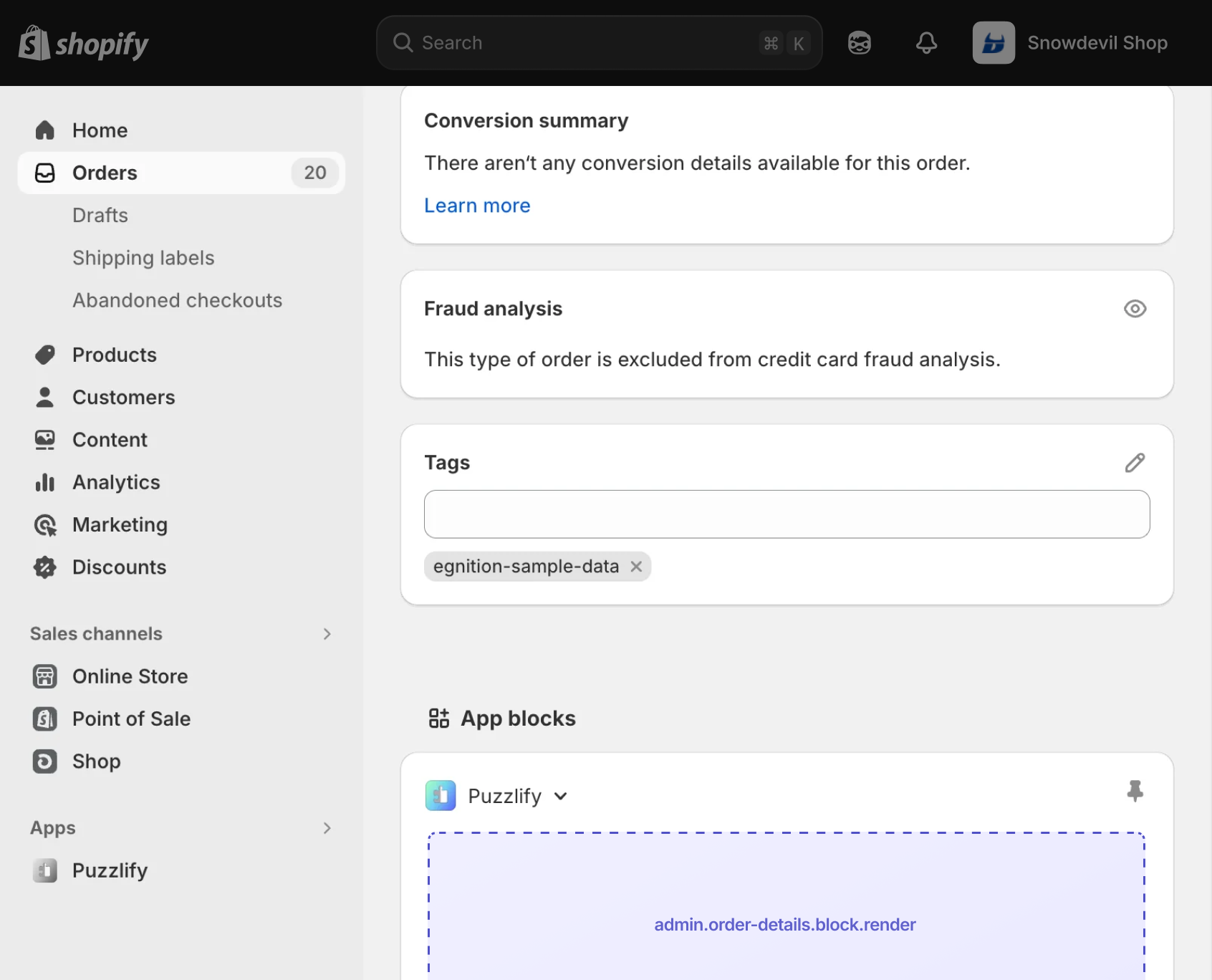 Shopify admin order details page with the extension target slot displayed as an inline app block.
