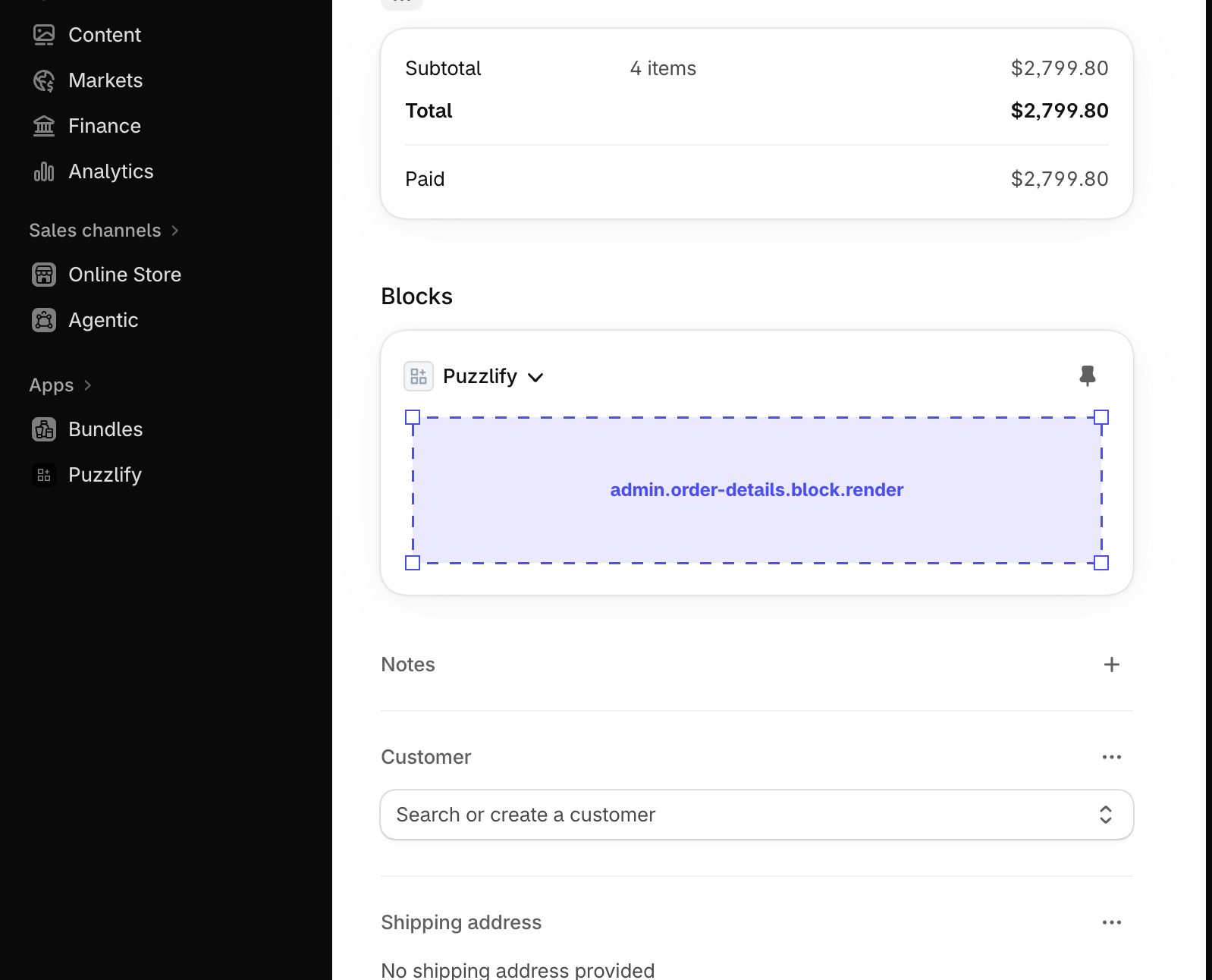 Shopify admin order details page with the extension target slot displayed as an inline app block.