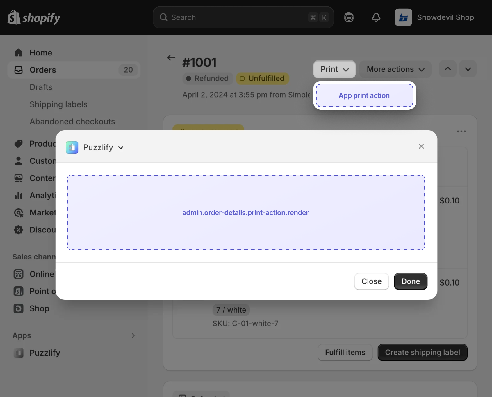 Shopify admin order details page with a print action modal open, showing the extension target slot for print workflows.