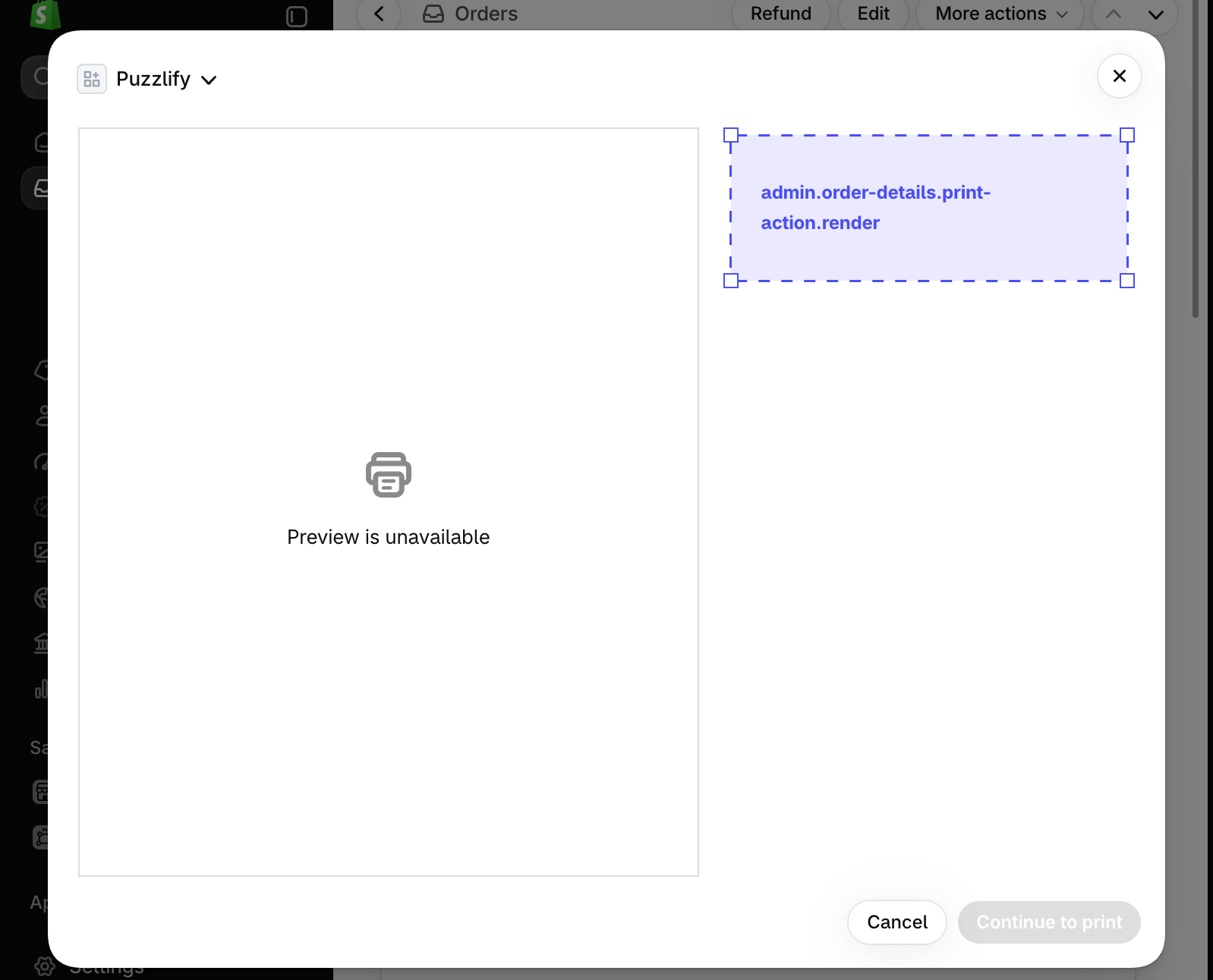 Shopify admin order details page with a print action modal open, showing the extension target slot for print workflows.