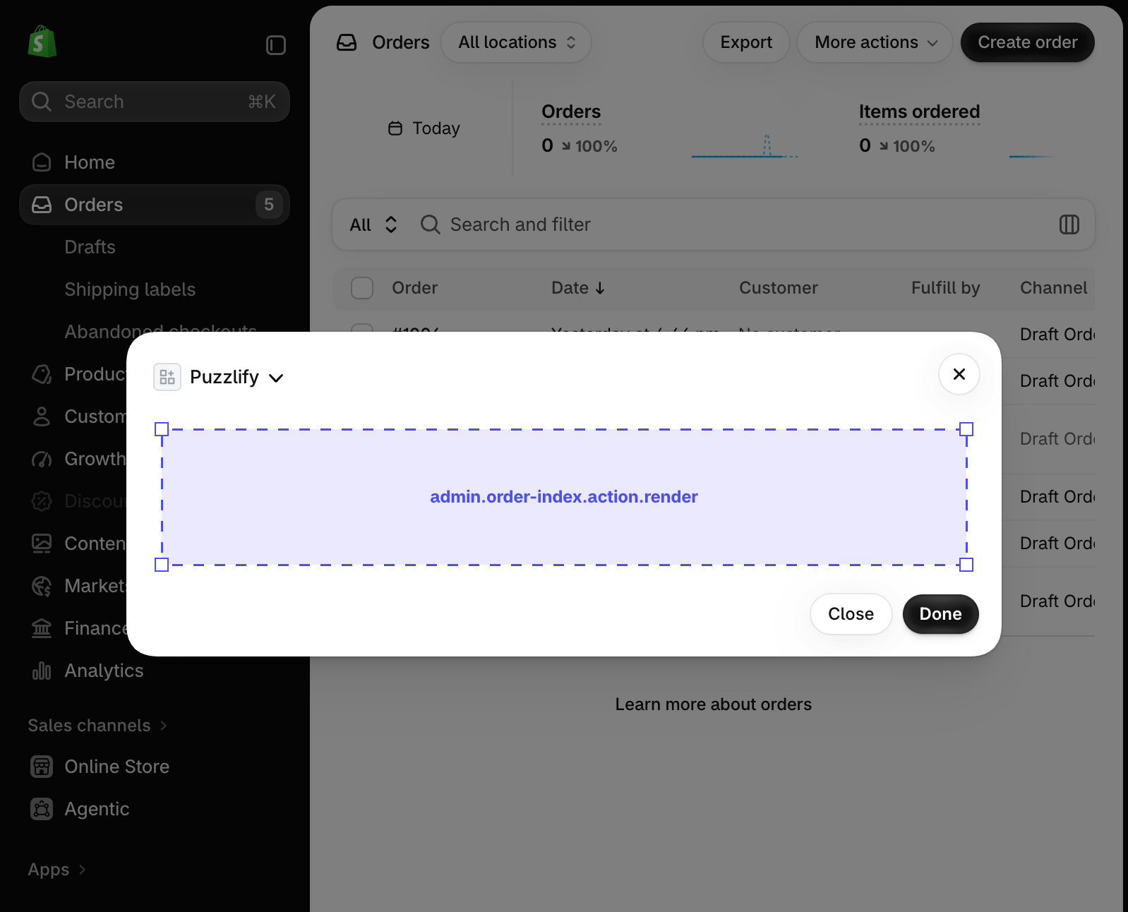 Shopify admin order index page with a modal dialog open, showing the extension target slot inside the modal.