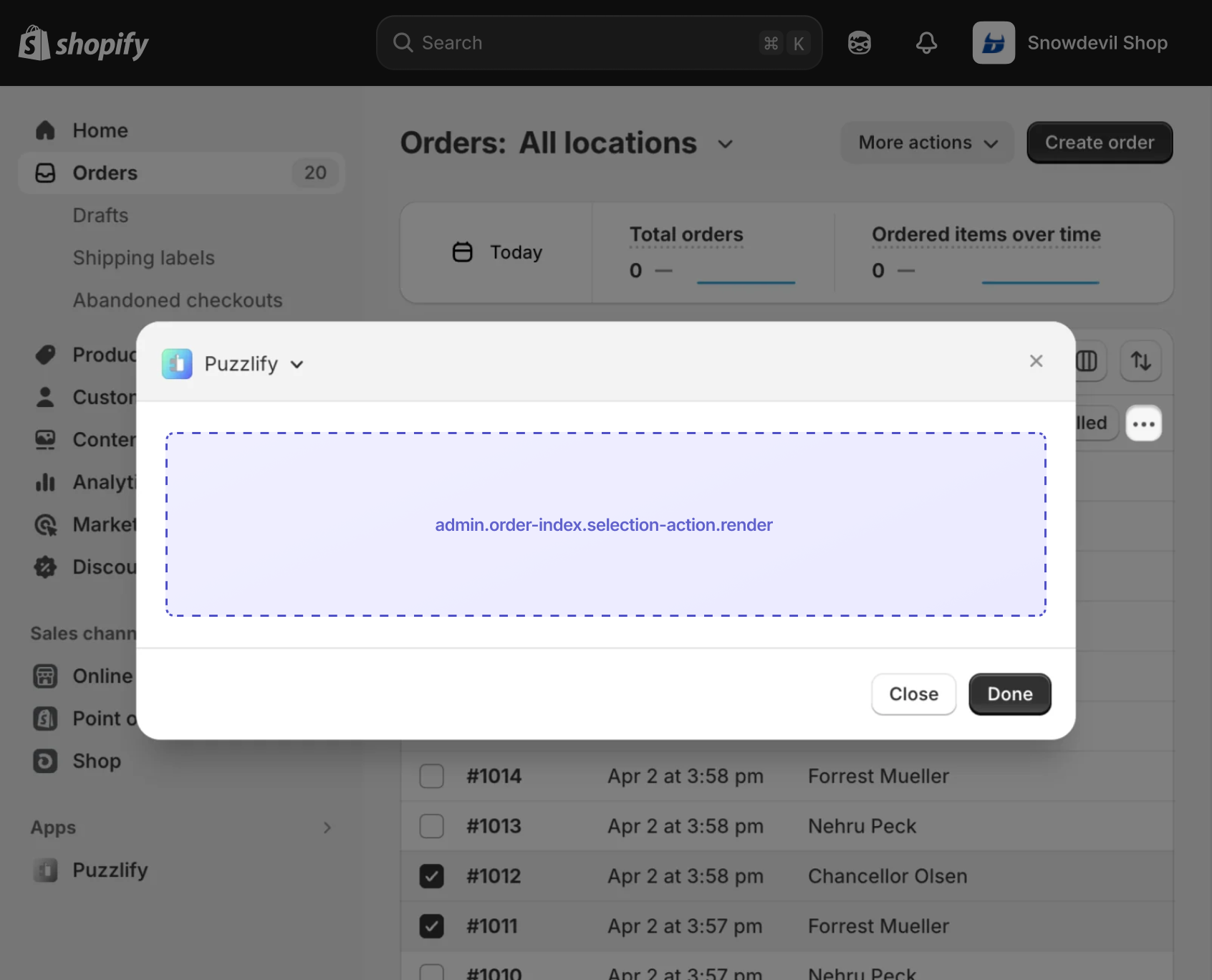 Shopify admin order index page with items selected, showing the extension target slot in the bulk actions bar.