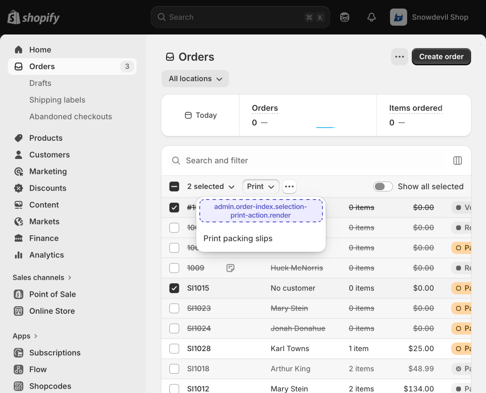 Shopify admin order index page with items selected, showing the extension target slot for bulk print actions.