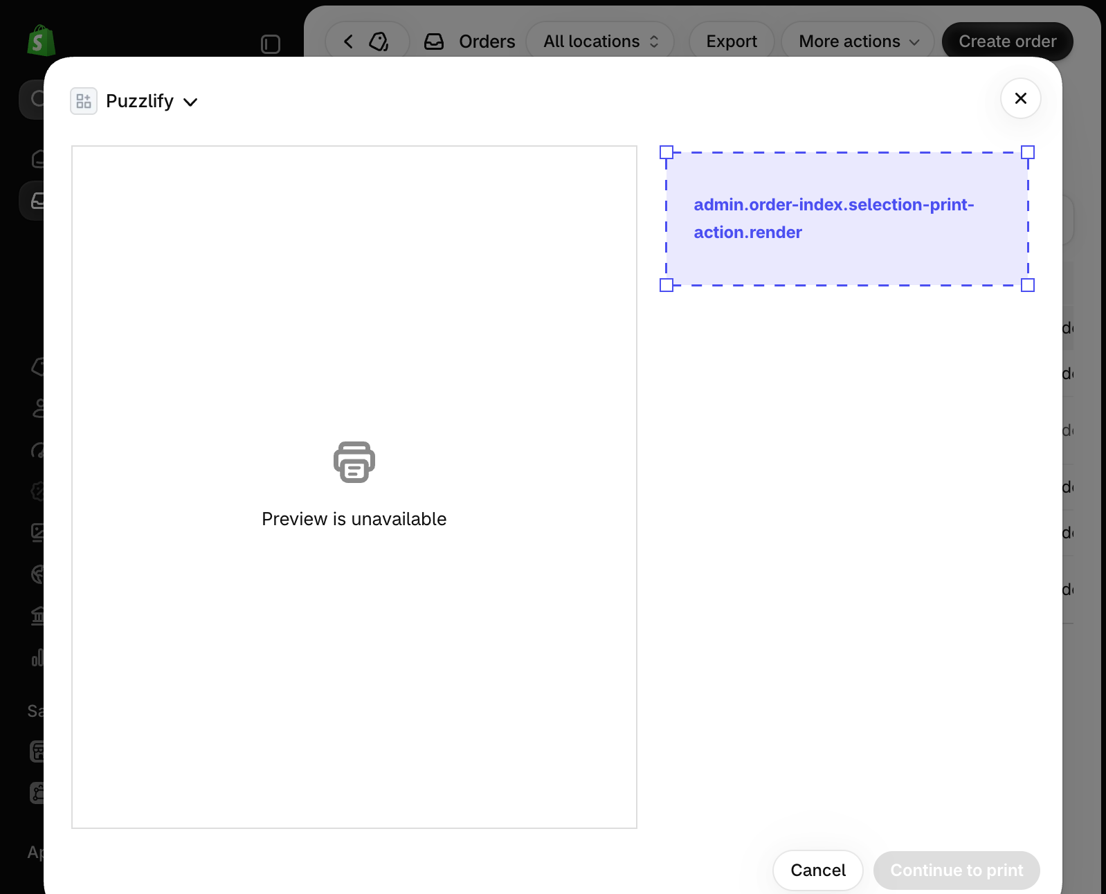 Shopify admin order index page with items selected, showing the extension target slot for bulk print actions.