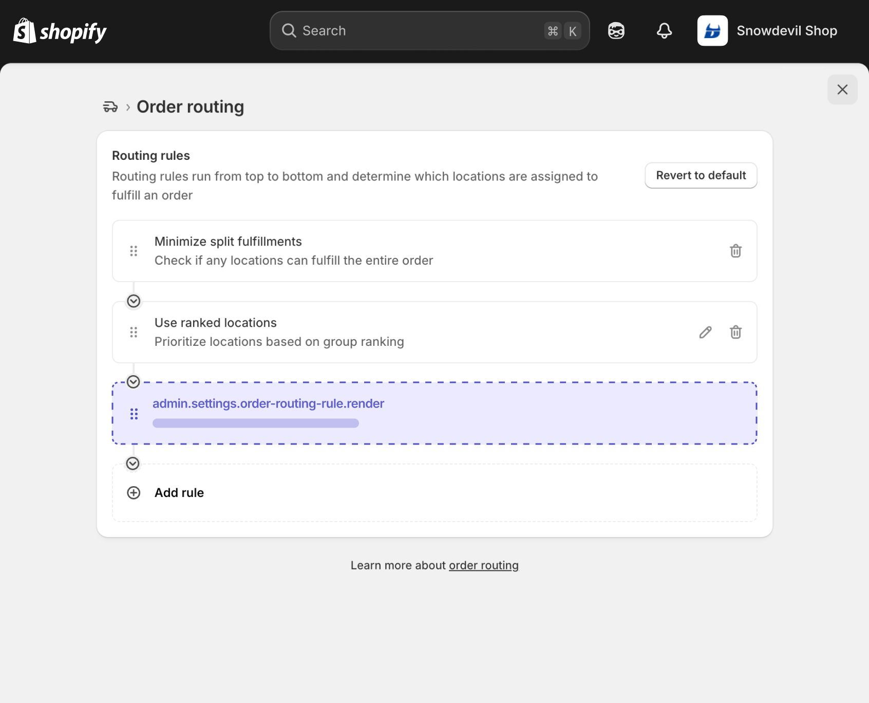 Shopify admin order routing settings page showing the function settings section where the extension target renders.