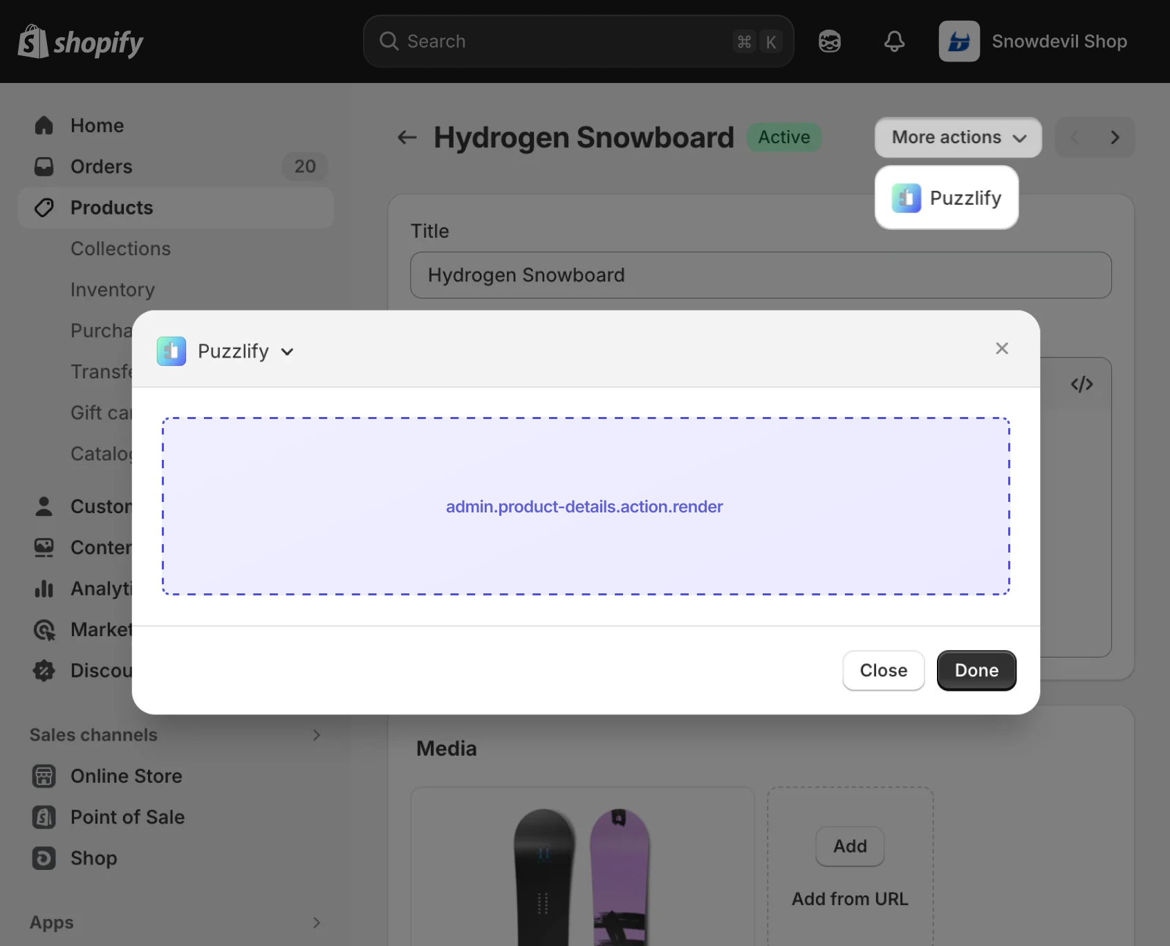 Shopify admin product details page with a modal dialog open, showing the extension target slot inside the modal.