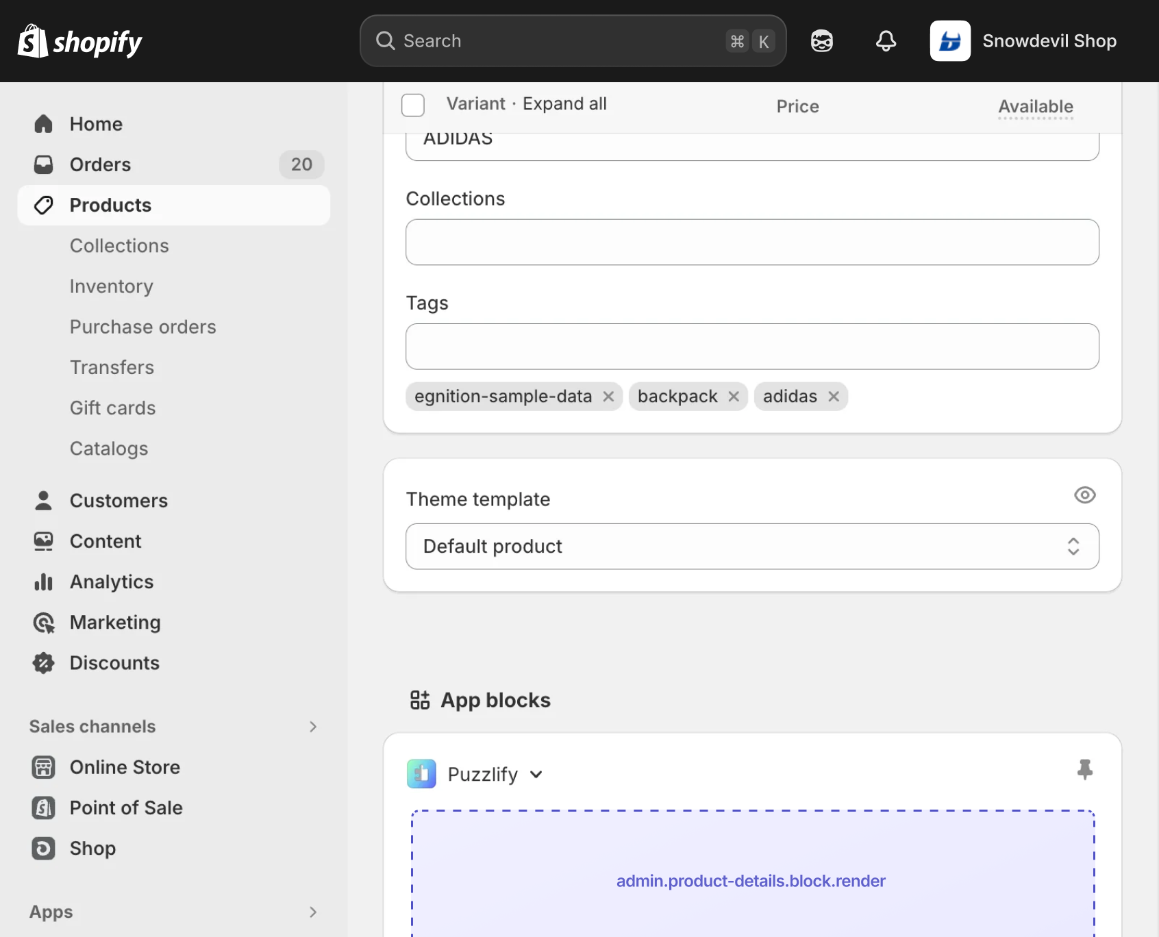 Shopify admin product details page with the extension target slot displayed as an inline app block.