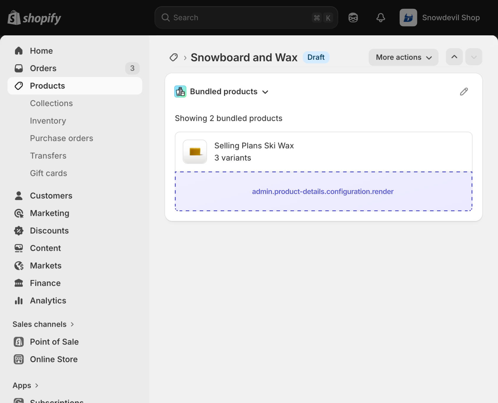 Shopify admin product details page showing the configuration section where the extension target renders.