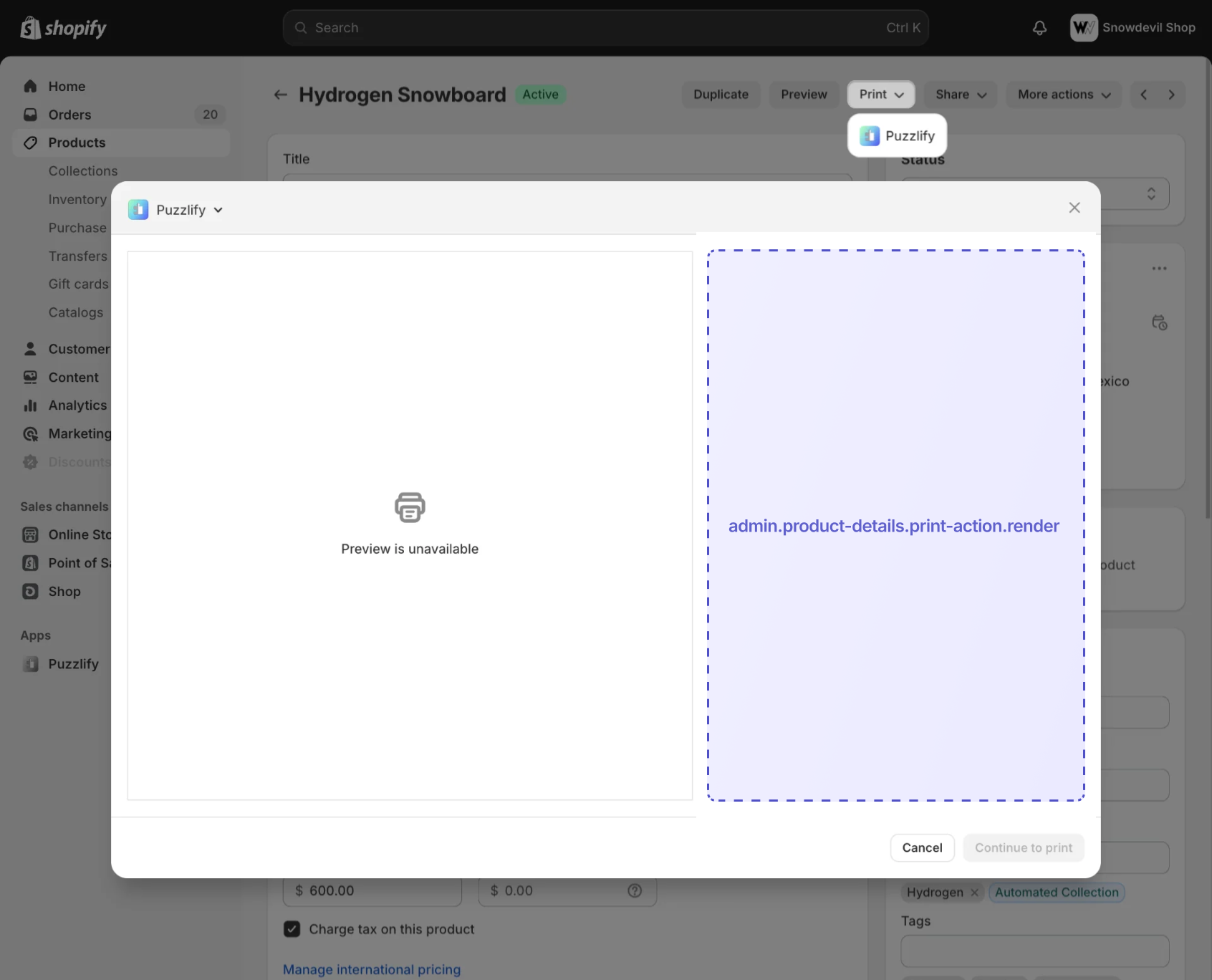 Shopify admin product details page with a print action modal open, showing the extension target slot for print workflows.