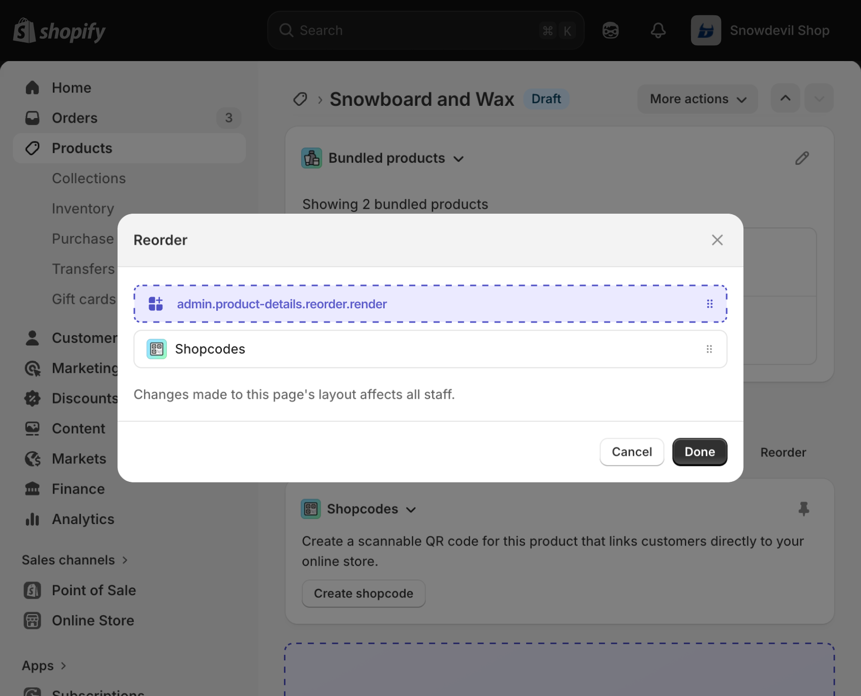 Shopify admin product details page showing the reorder section where the extension target renders.