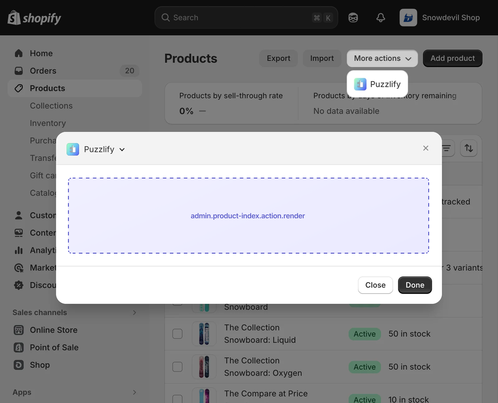 Shopify admin product index page with a modal dialog open, showing the extension target slot inside the modal.