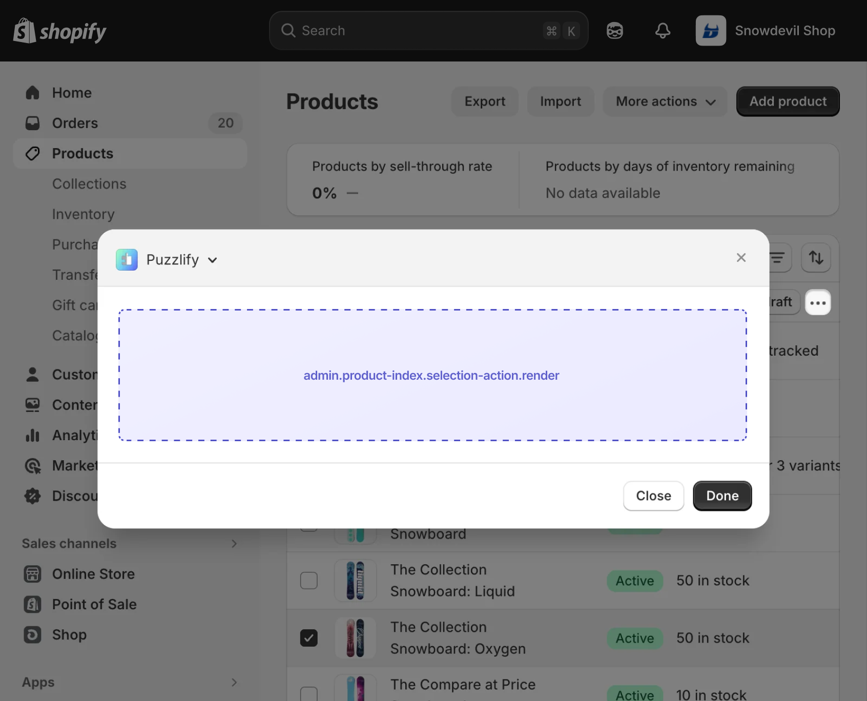 Shopify admin product index page with items selected, showing the extension target slot in the bulk actions bar.