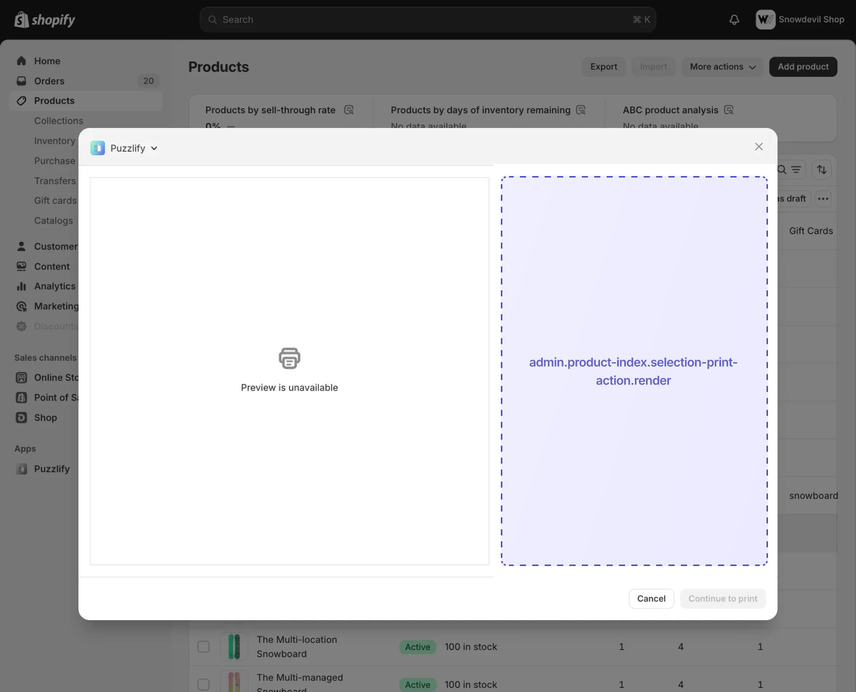 Shopify admin product index page with items selected, showing the extension target slot for bulk print actions.