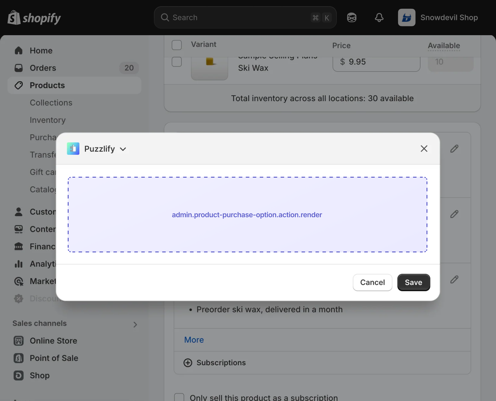 Shopify admin product details page with a purchase option action modal open, showing the extension target slot.
