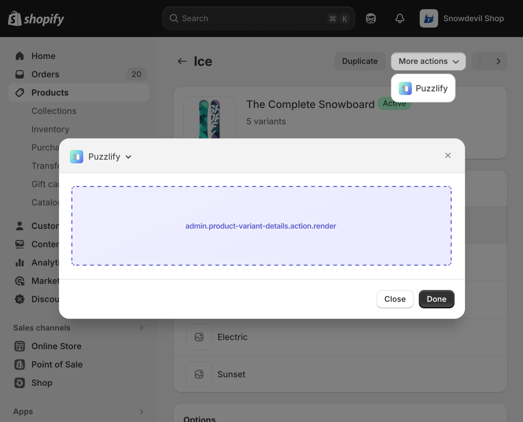 Shopify admin product variant details page with a modal dialog open, showing the extension target slot inside the modal.