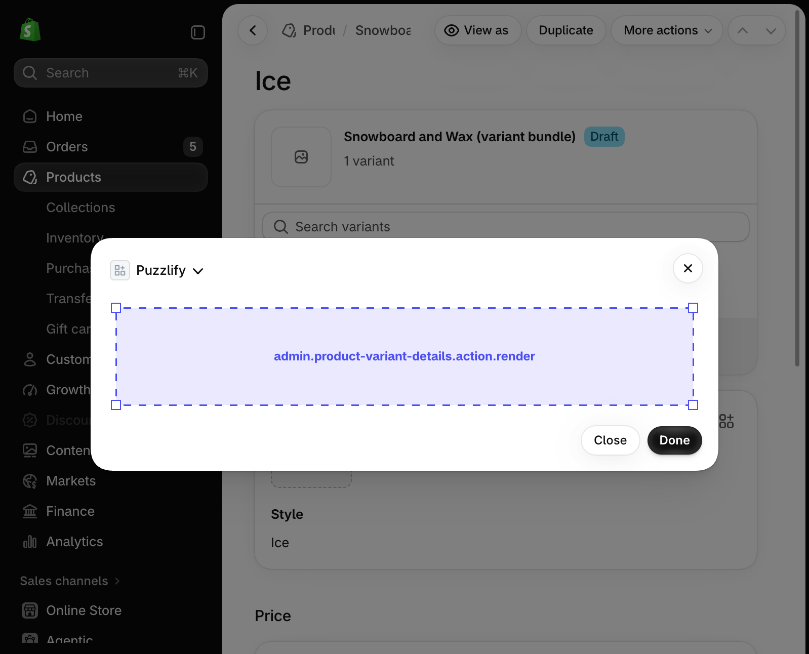 Shopify admin product variant details page with a modal dialog open, showing the extension target slot inside the modal.