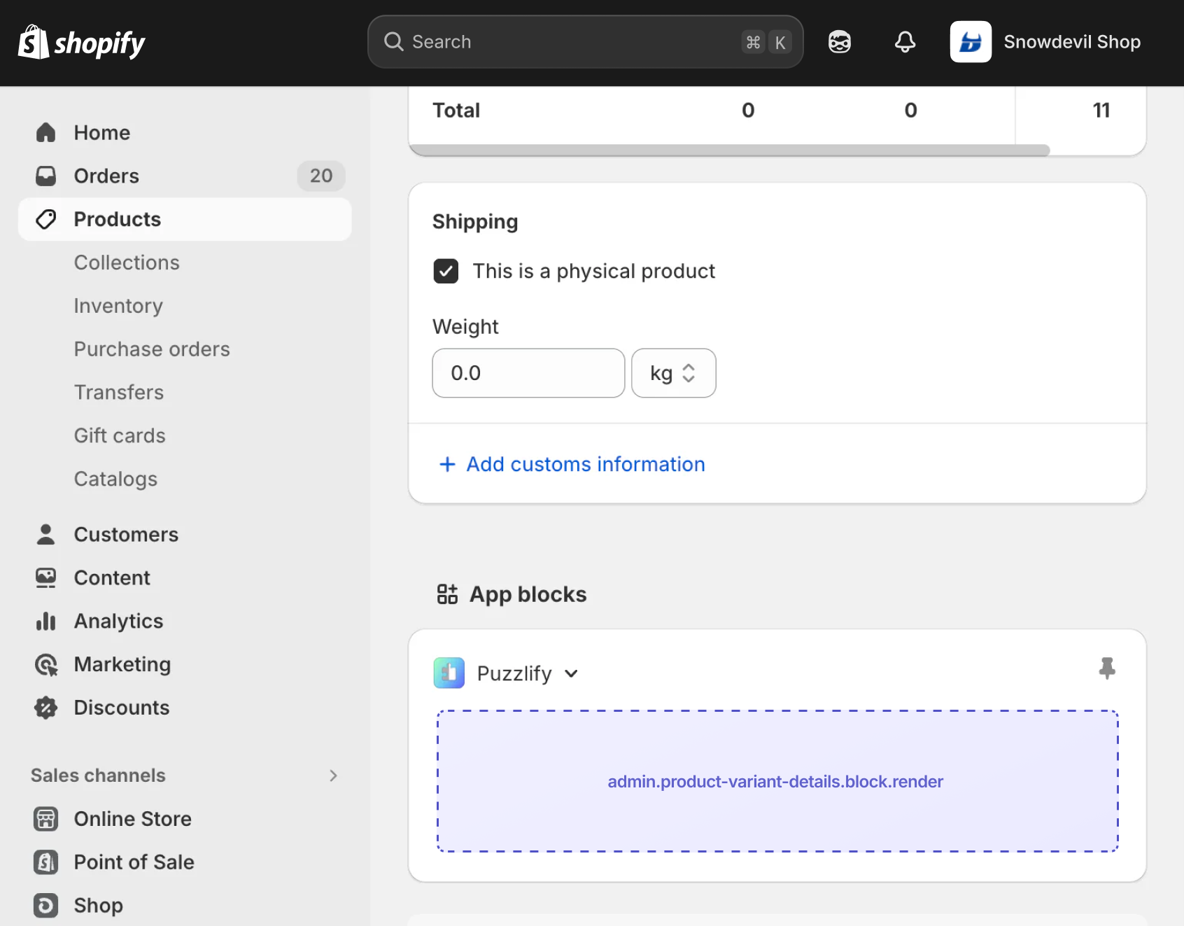 Shopify admin product variant details page with the extension target slot displayed as an inline app block.
