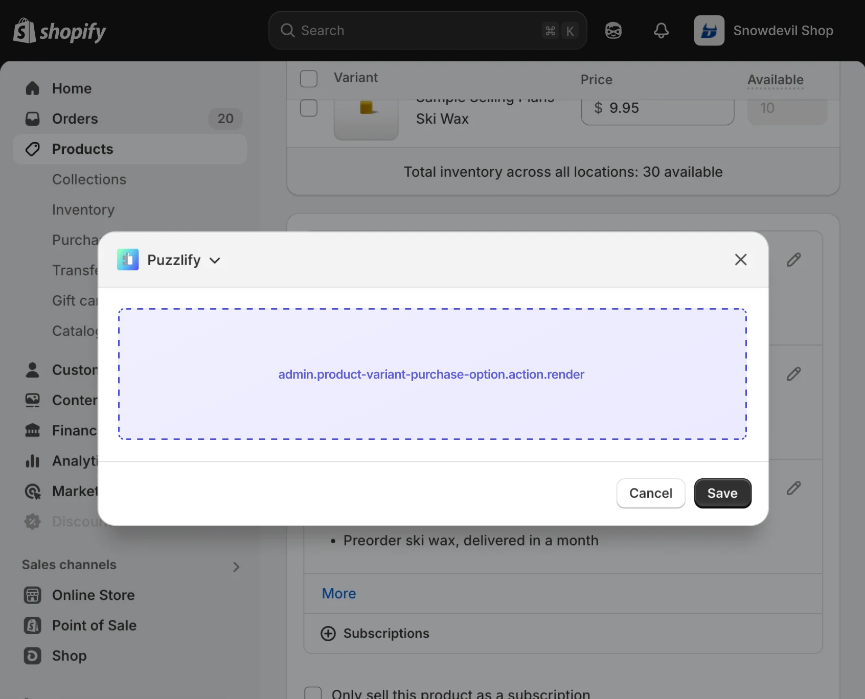 Shopify admin product variant page with a purchase option action modal open, showing the extension target slot.