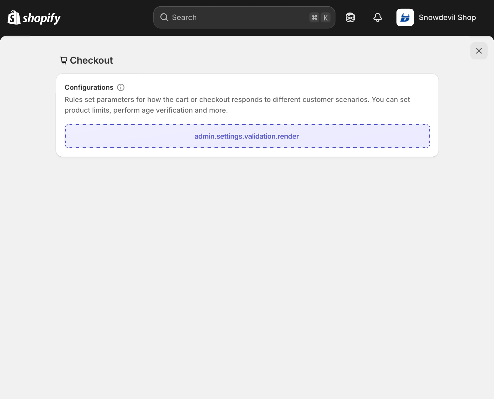 Shopify admin validation settings page showing the function settings section where the extension target renders.