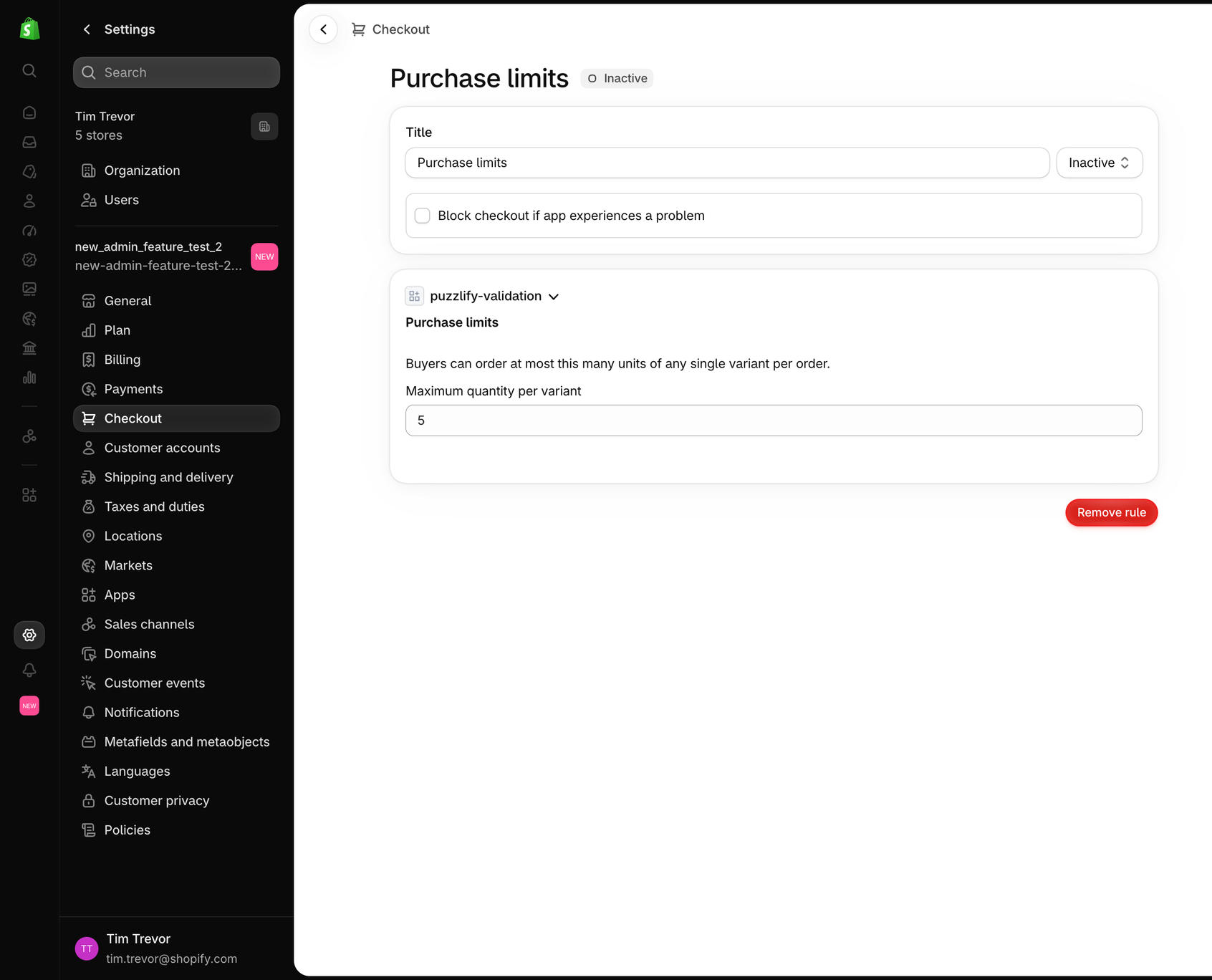 Shopify admin validation settings page showing the function settings section where the extension target renders.