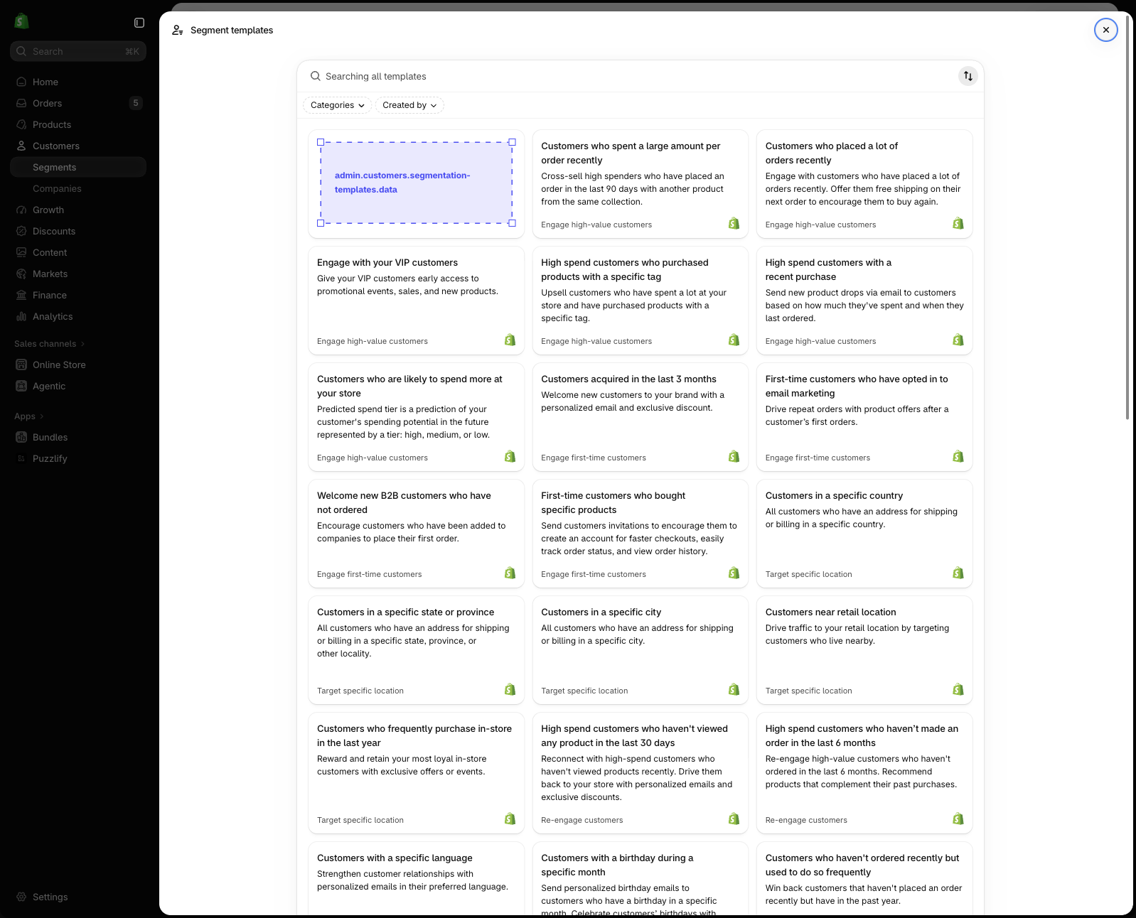 Shopify admin customer segmentation page showing the templates entry point for the extension target.