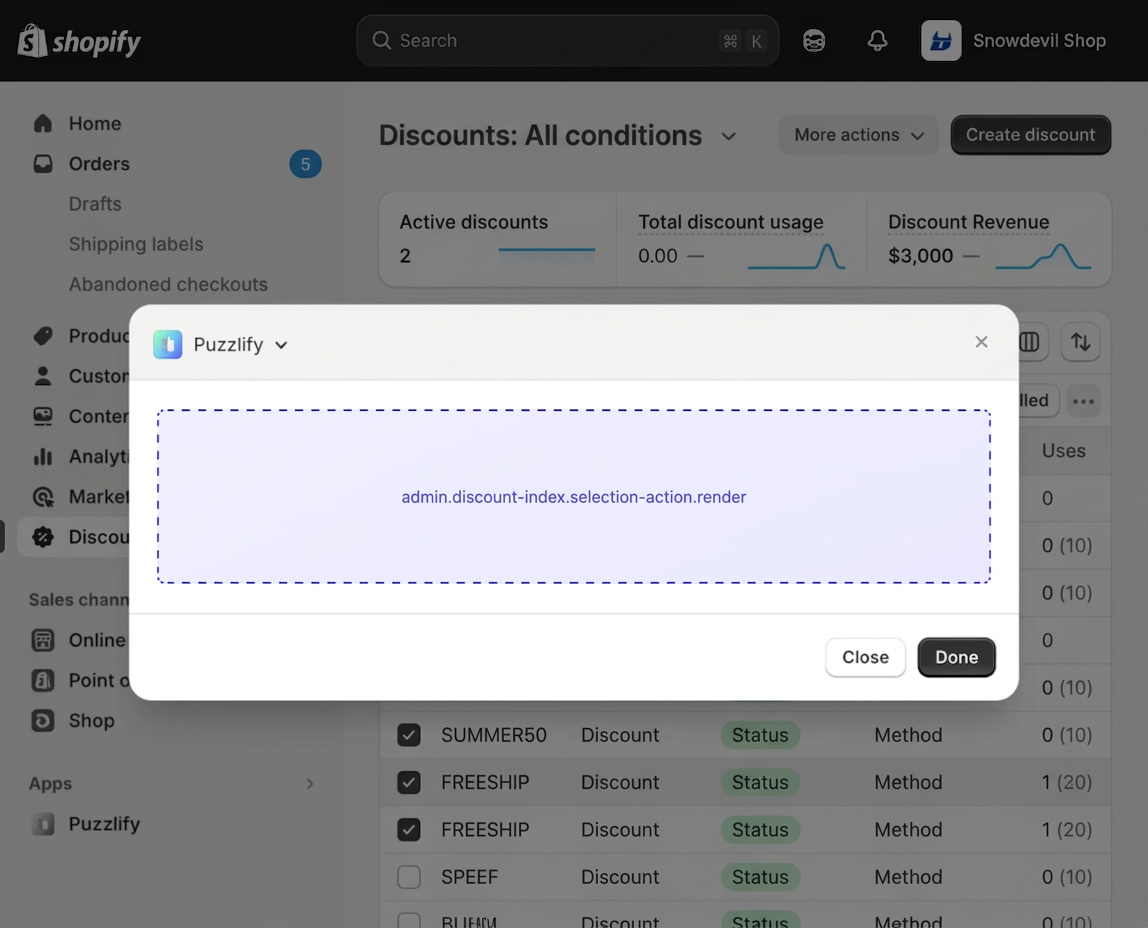 Shopify admin discount index page with items selected, showing the extension target slot in the bulk actions bar.