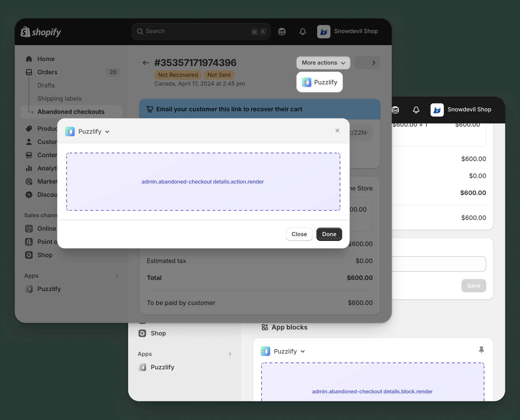 Shopify admin abandoned checkout pages showing all available extension target locations.