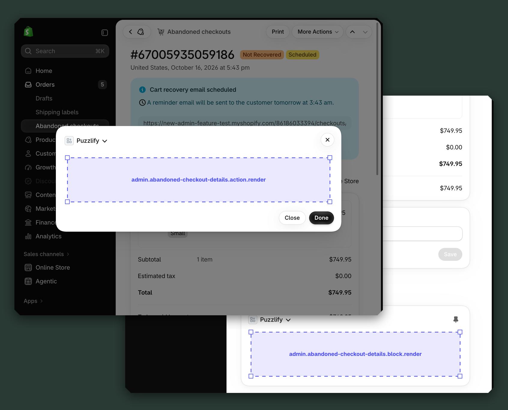 Shopify admin abandoned checkout pages showing all available extension target locations.