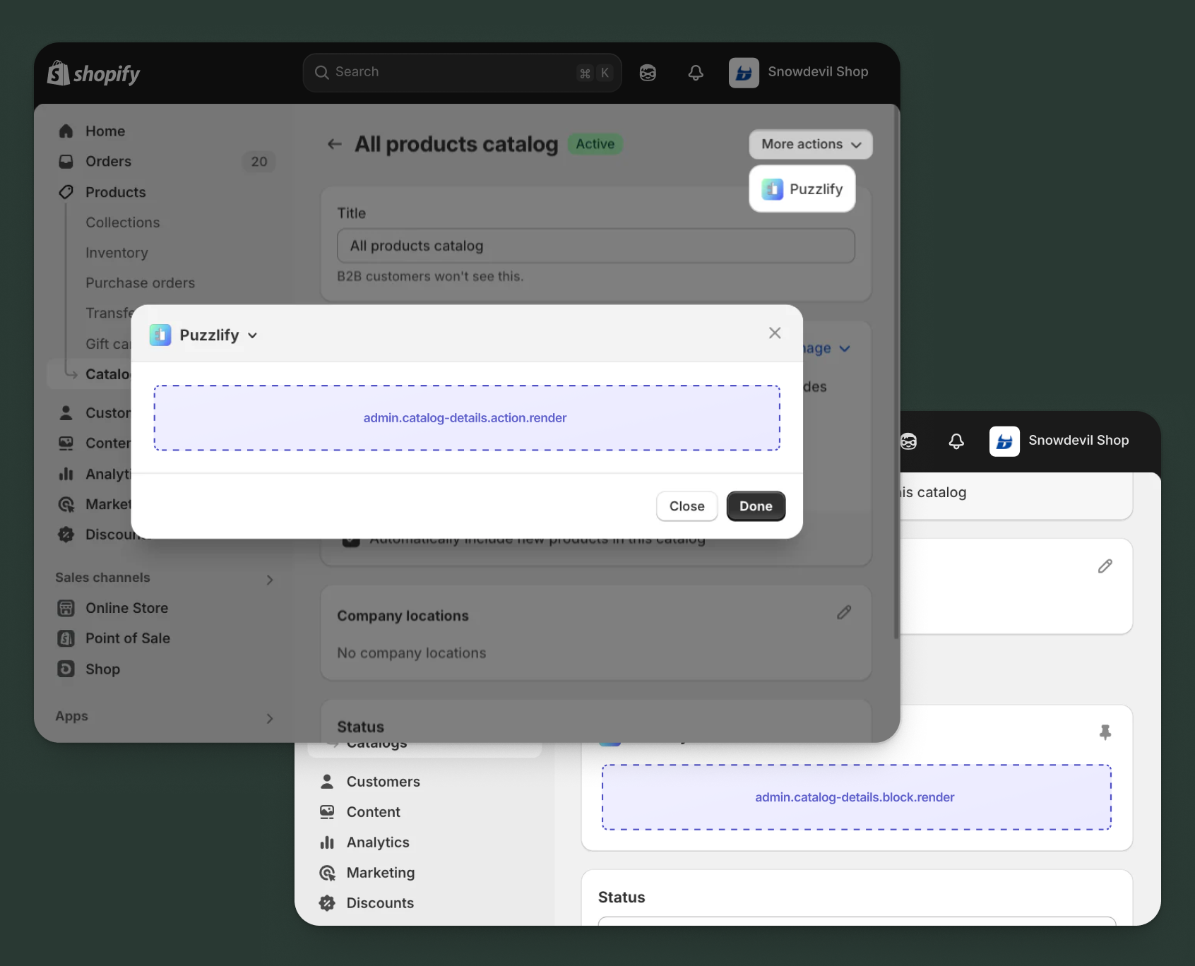Shopify admin catalog pages showing all available extension target locations.