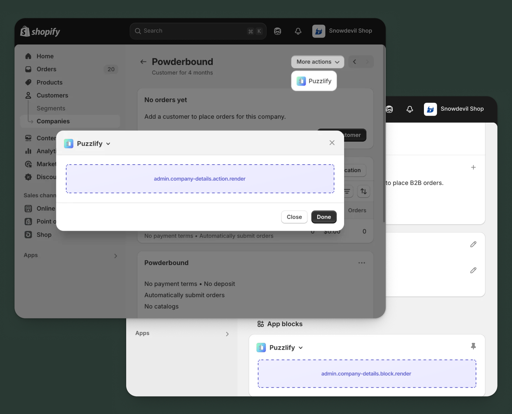 Shopify admin company pages showing all available extension target locations.