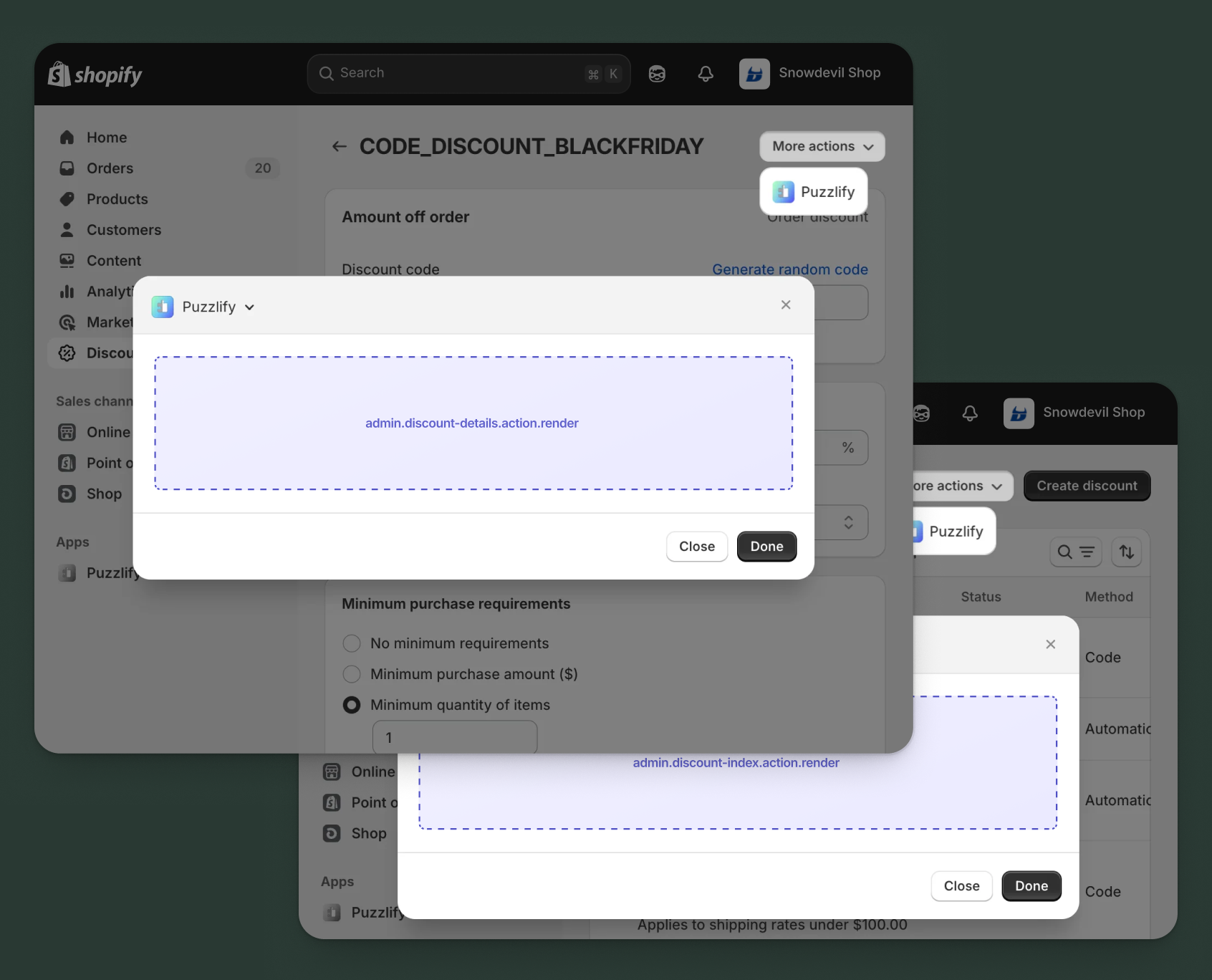 Shopify admin discount pages showing all available extension target locations.