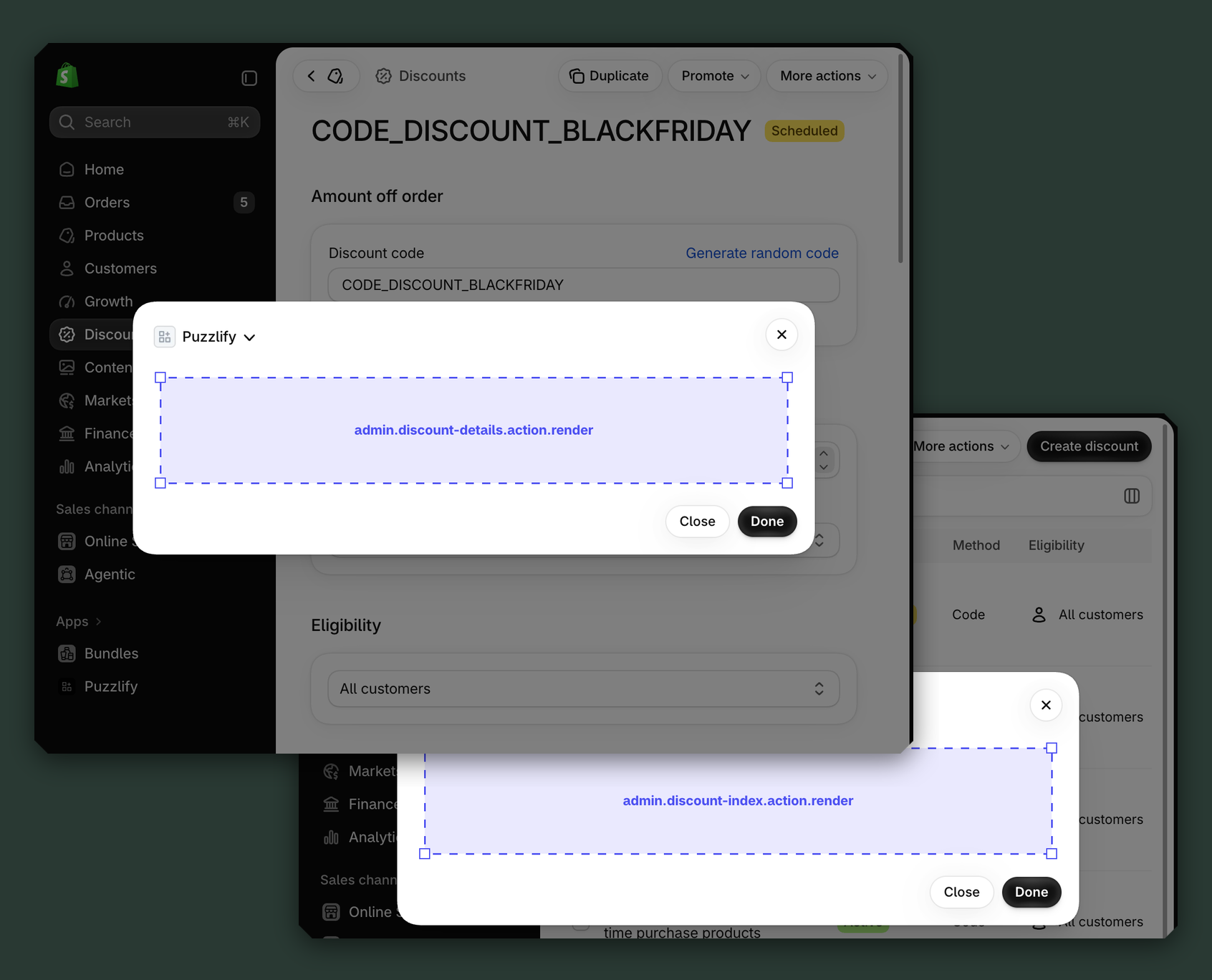 Shopify admin discount pages showing all available extension target locations.