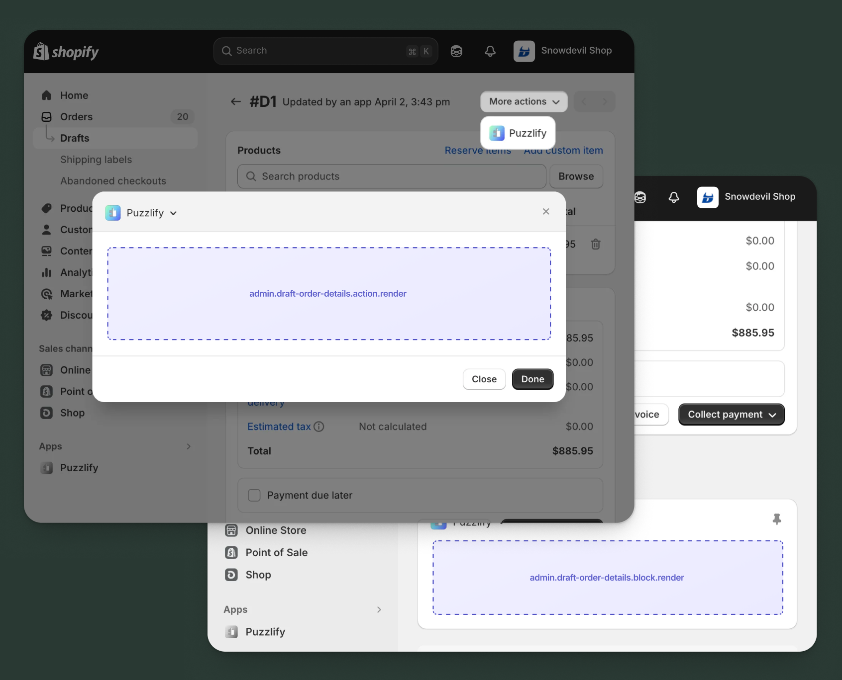 Shopify admin draft order pages showing all available extension target locations.